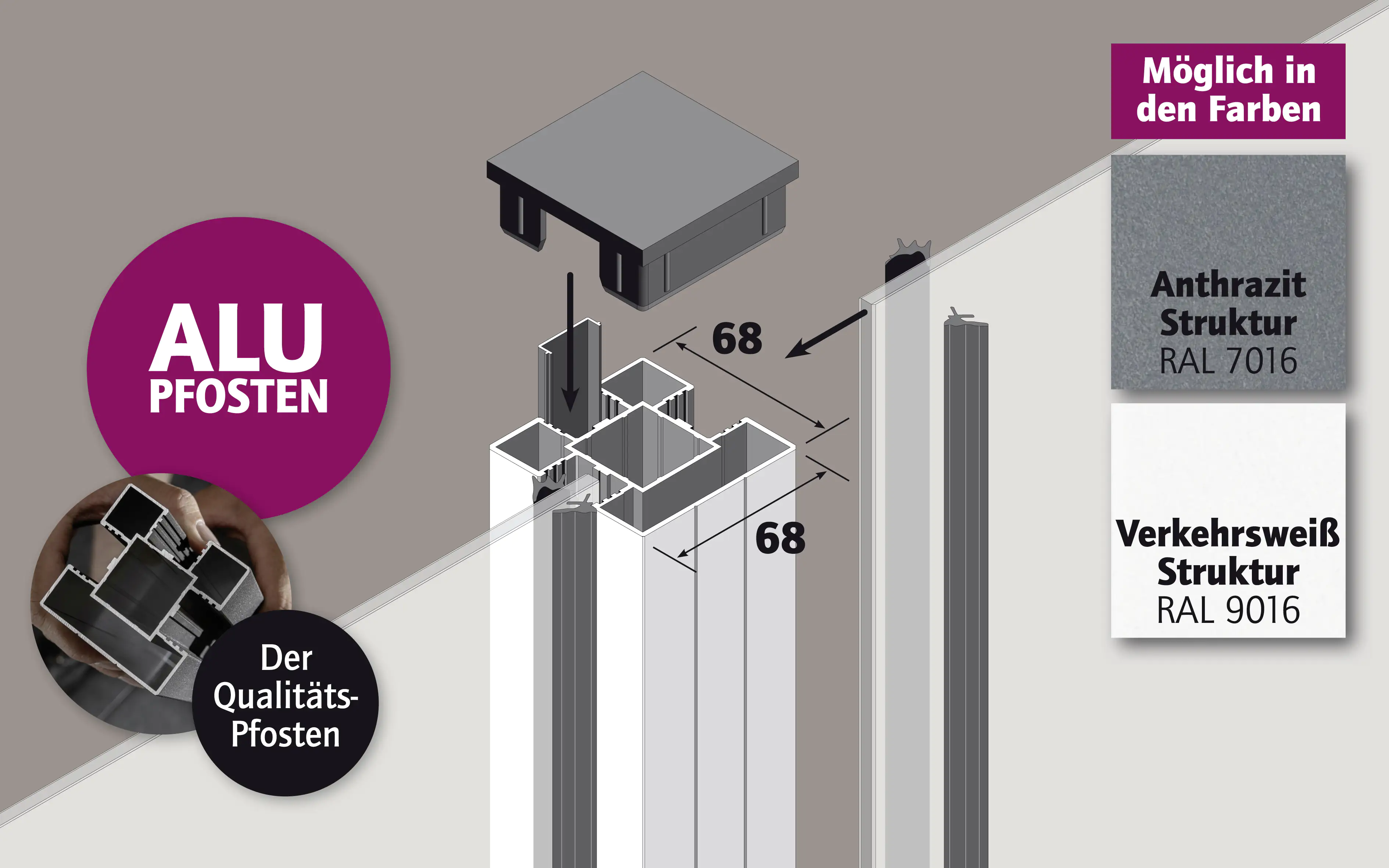 Ambiente Aluminium-Pfosten 240 cm, 68 x 68 mm, Verkehrsweiß Struktur 9016 Ambiente Aluminium-Pfosten 240 cm, 68 x 68 mm, Verkehrsweiß Struktur 9016
