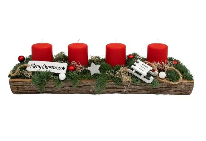 Adventsgesteck aus Birken-Tablett mit roten Kerzen L 45 cm