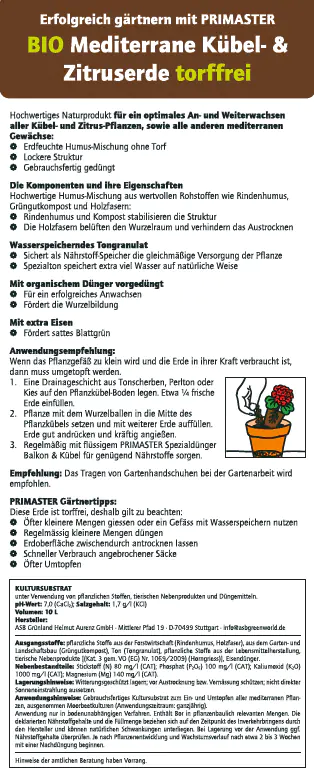 Primaster Bio Mediterrane Kübel- & Zitruserde torffrei 10 L Primaster Bio Mediterrane Kübel- & Zitruserde torffrei 10 L