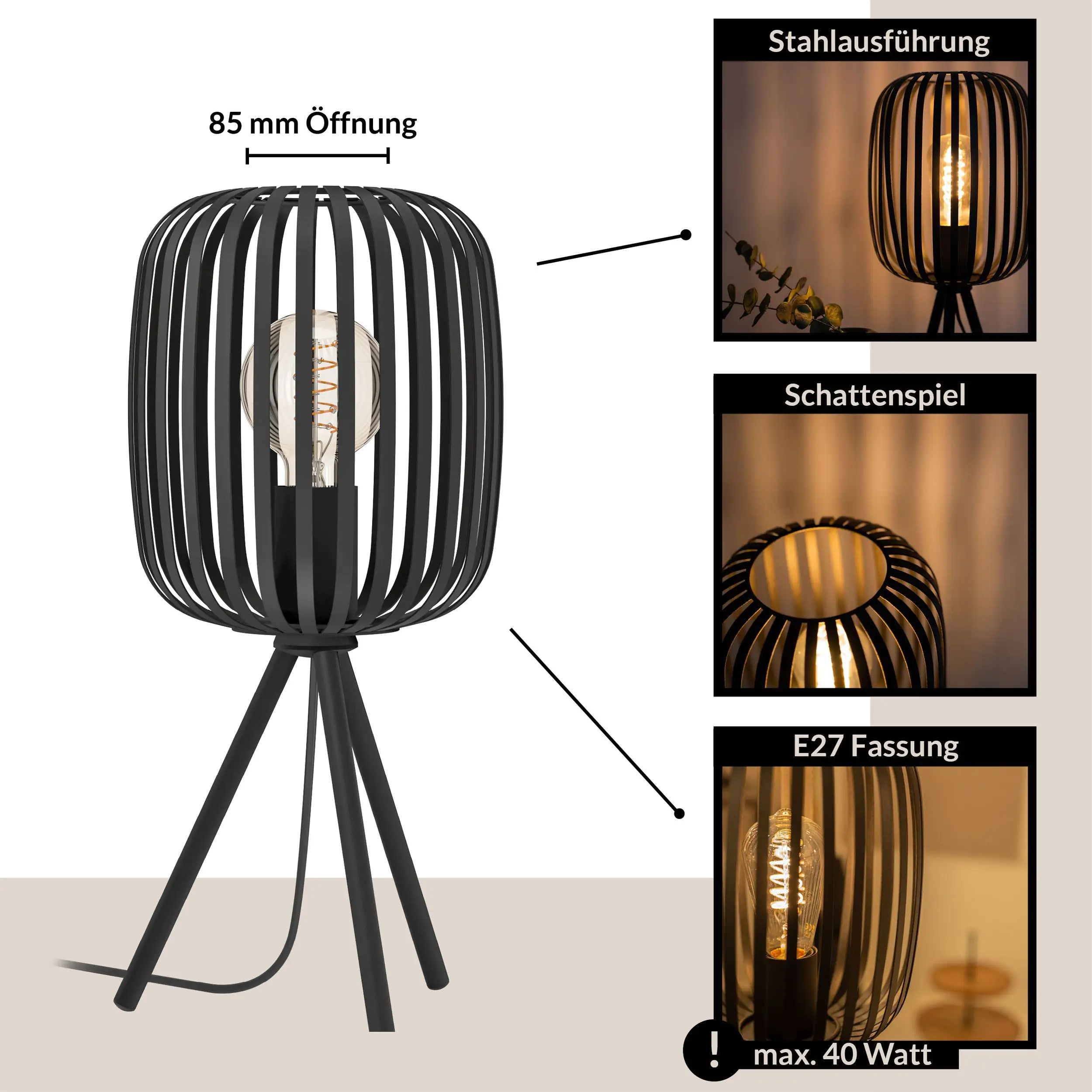 Eglo Tischleuchte Romazzina schwarz 43,5 x 20 cm