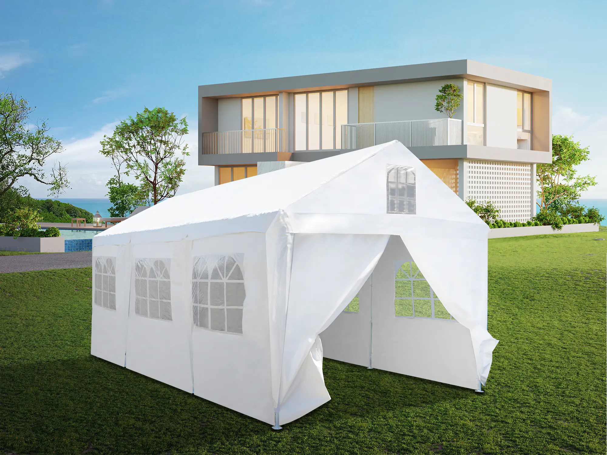 Primaster Großraumzelt 600 x 300 cm inkl. 2 Giebelseitenteilen weiß 