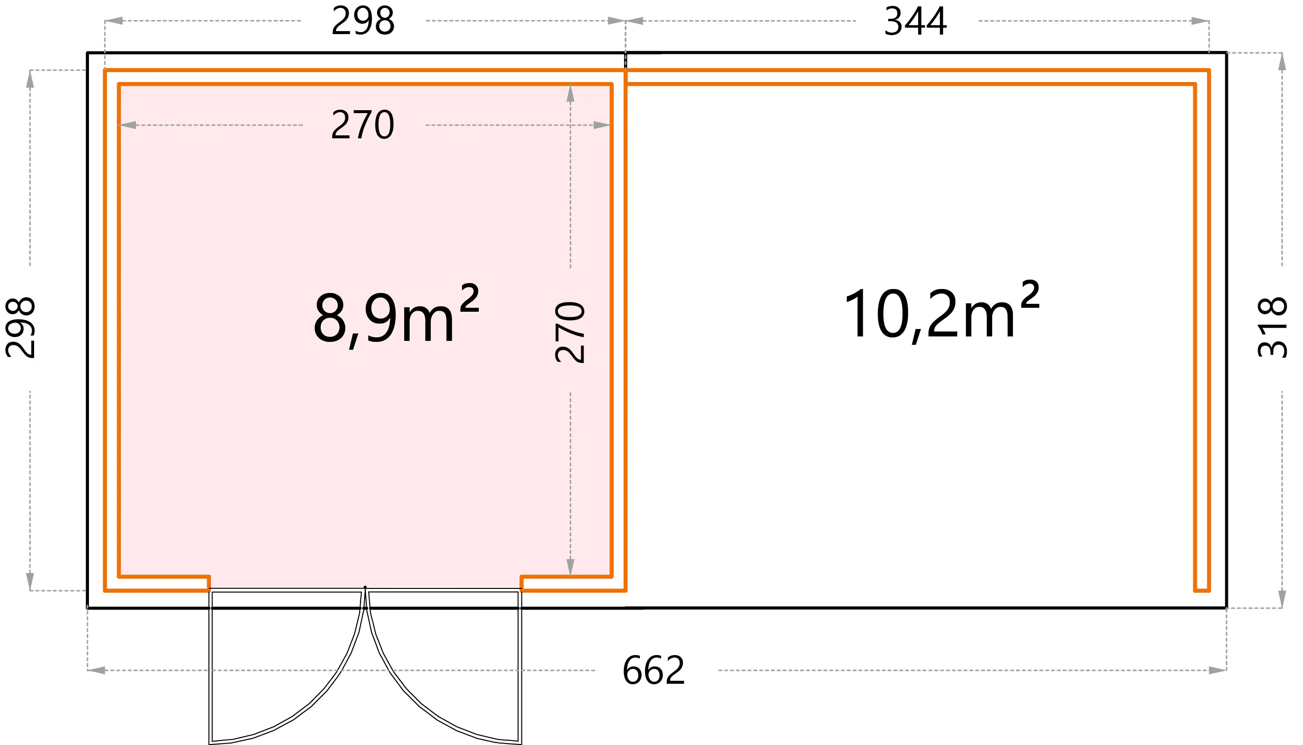 Telluria Gerätehaus Classico Lounge L 3030 rechts weiß 642 x 298 cm