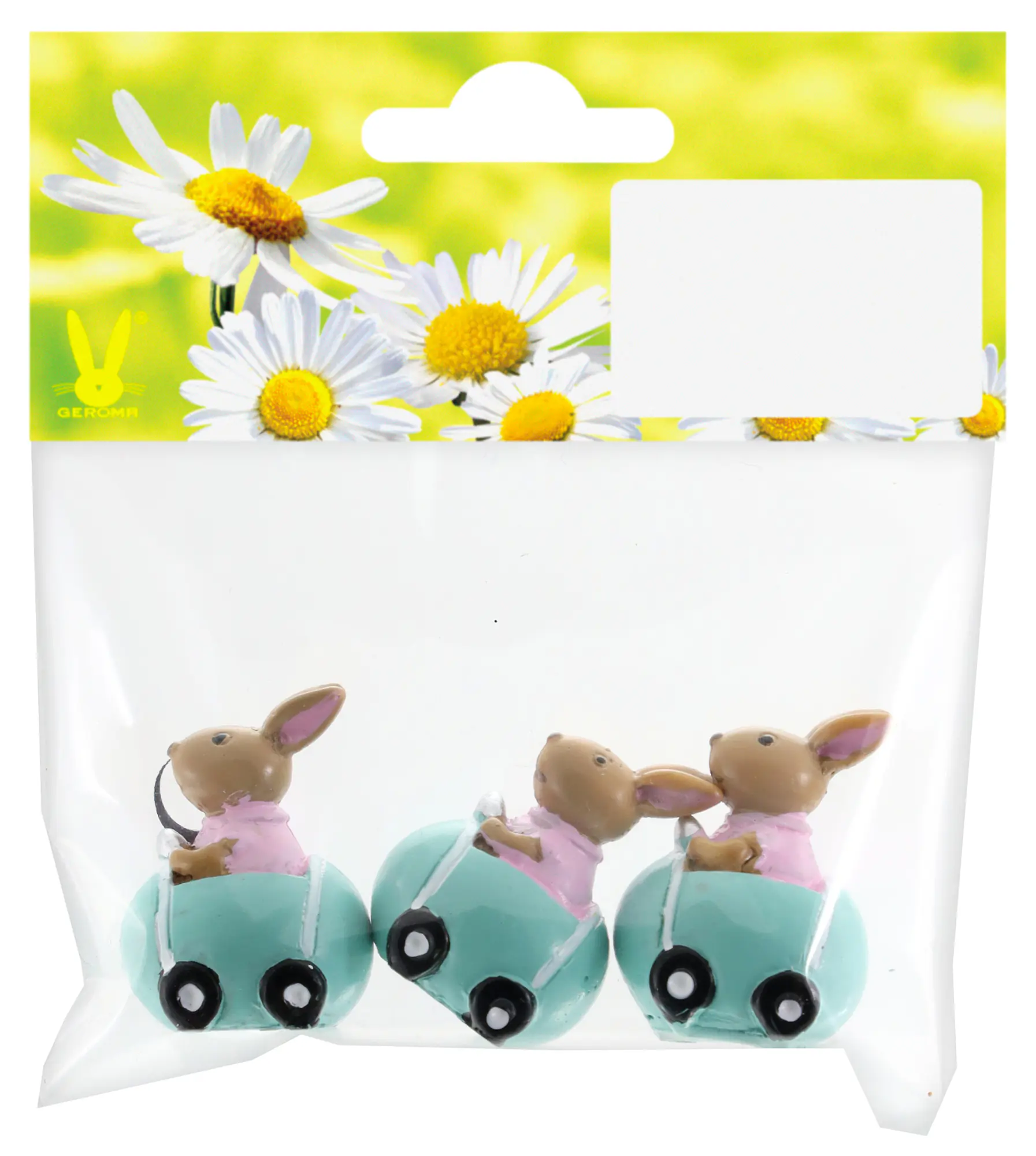 Osterdeko Hasen mit Auto 2 x 3 cm mint rosa-braun 3 Stück