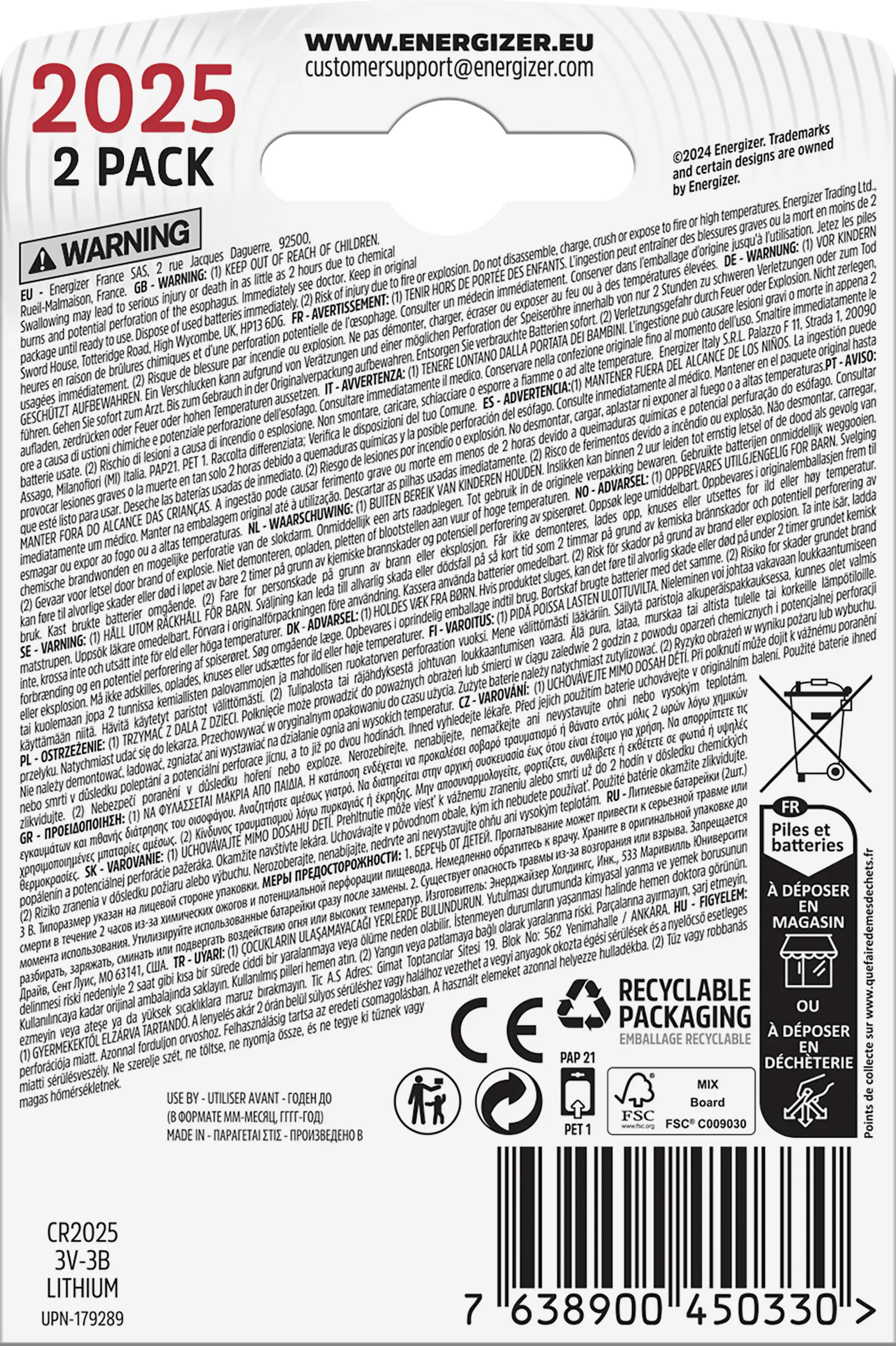 Energizer Knopfzelle CR 2025 Lithium 2er Pack