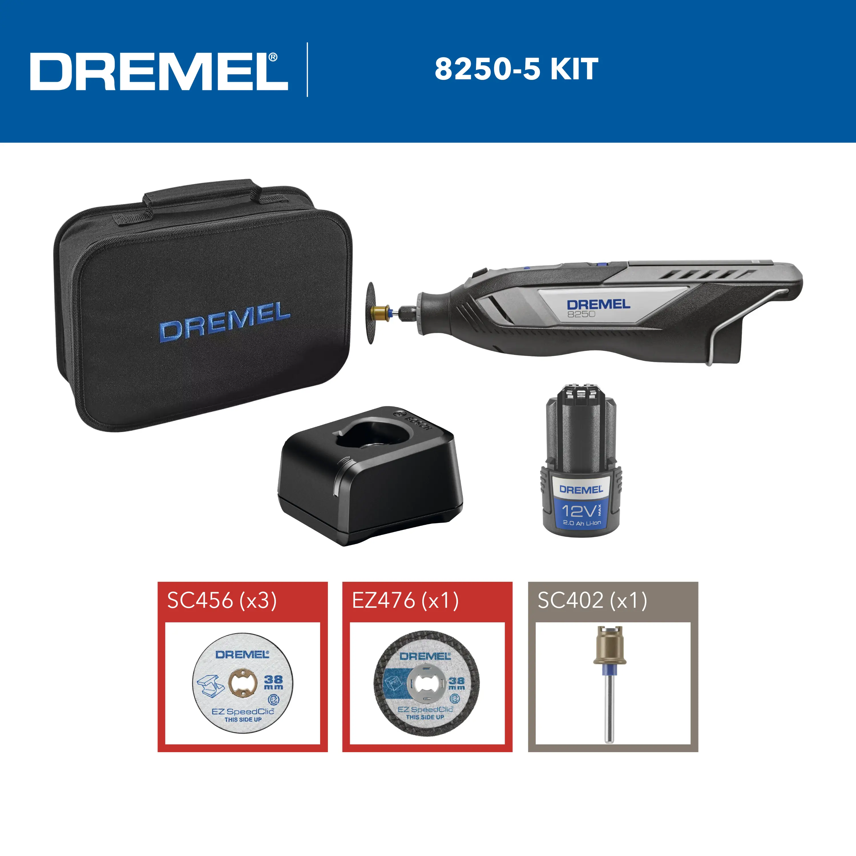 Dremel Akku-Multitool 8250-5 12V 2 Ah mit 5-teiligem Zubehör Dremel Akku-Multitool 8250-5 12V 2 Ah mit 5-teiligem Zubehör