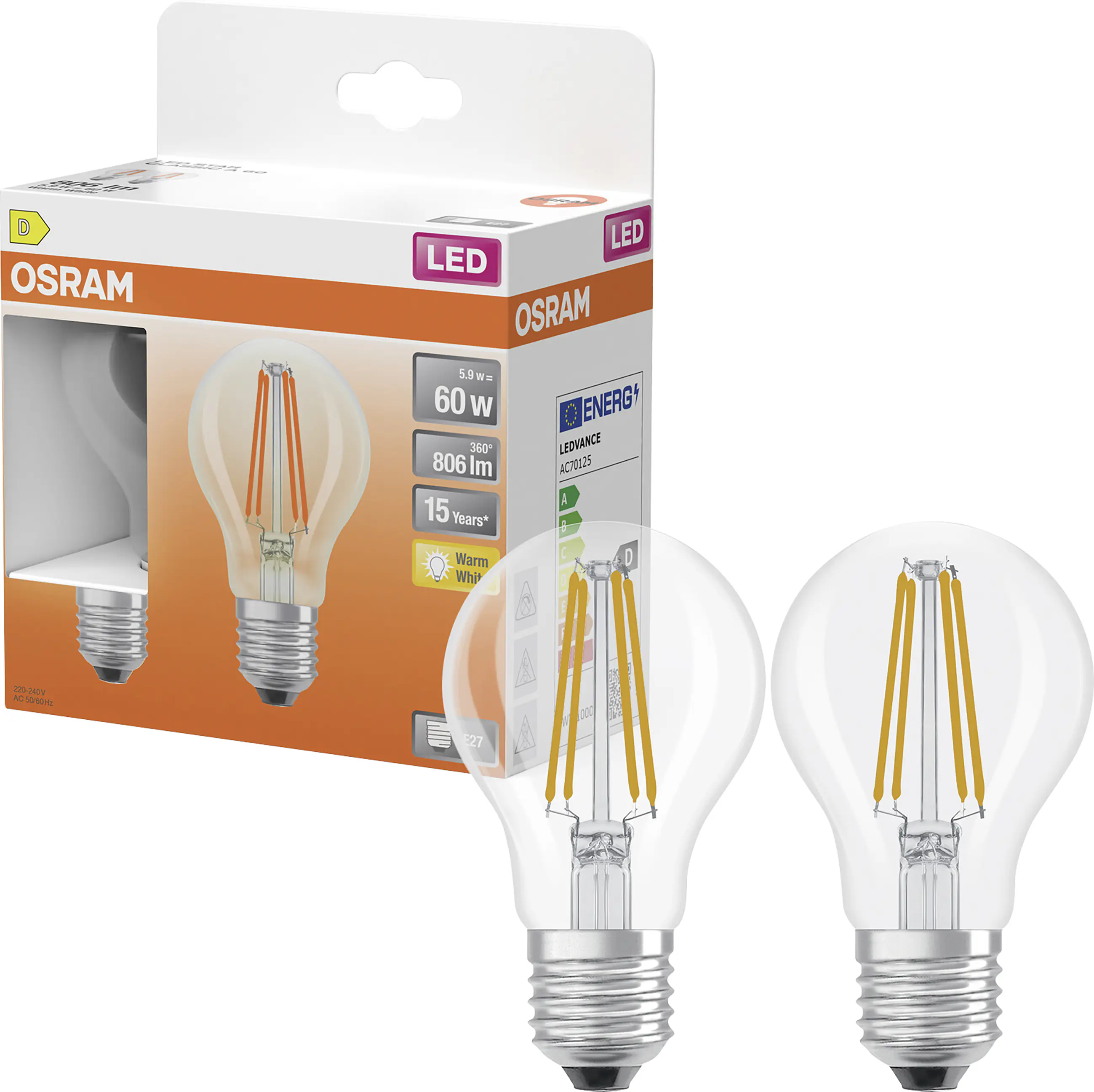 Osram LED Leuchtmittel E27 2er Pack Star Classic 5,9W klar warmweiß