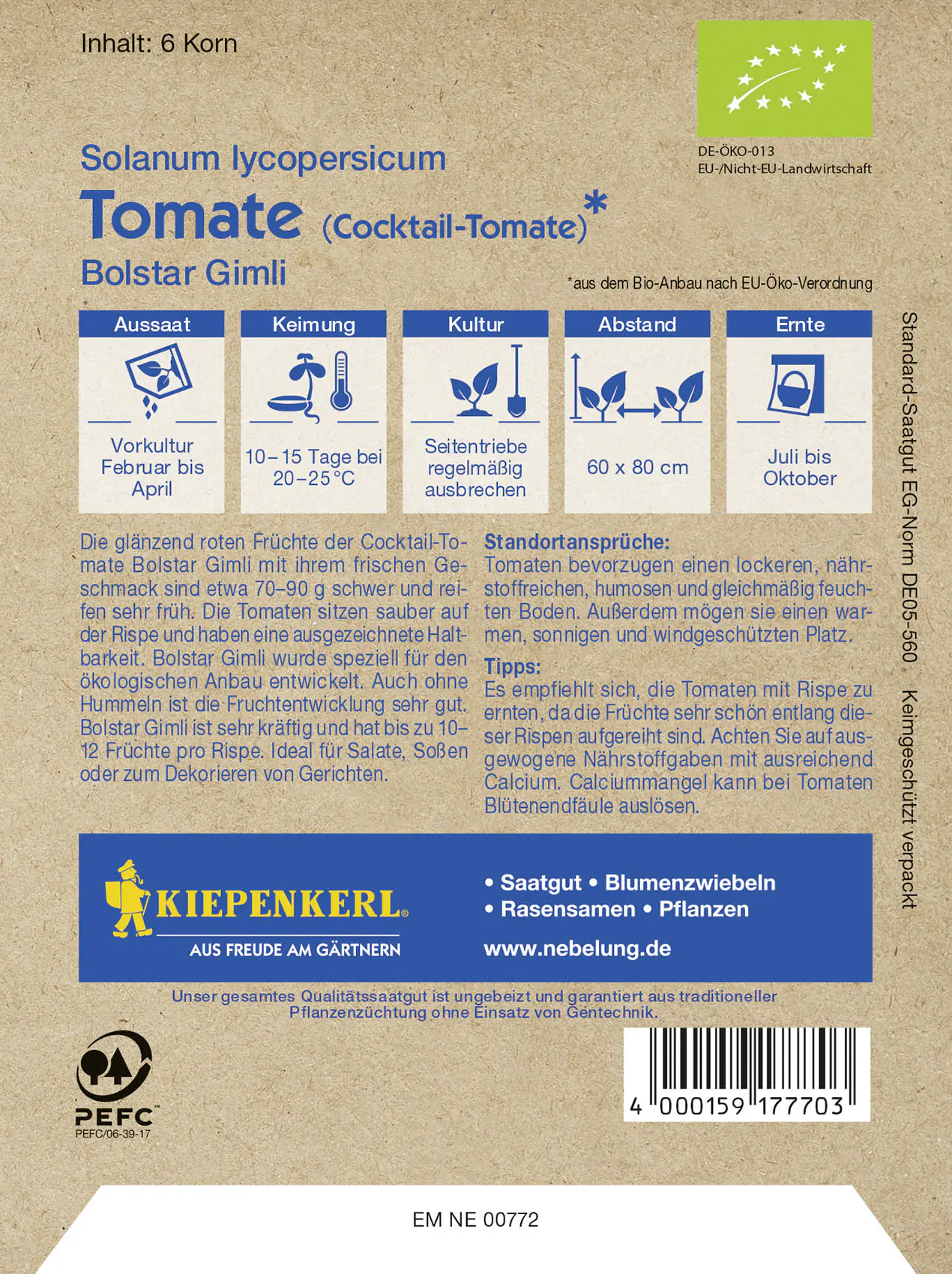 Kiepenkerl BIO Tomate Bolstar Gimli Solanum lycopersicum, Inhalt: 6 Korn