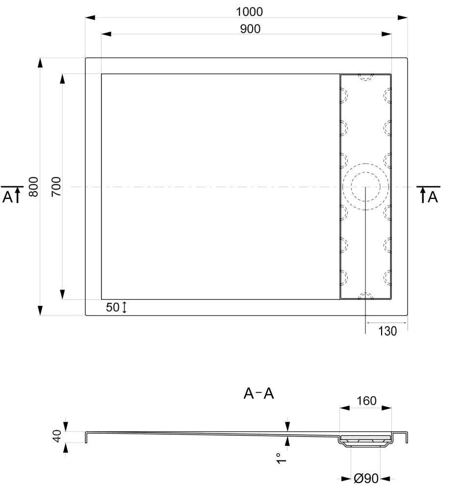 Ottofond Duschwanne mit Ablaufrinne 100 x 80 cm, weiß