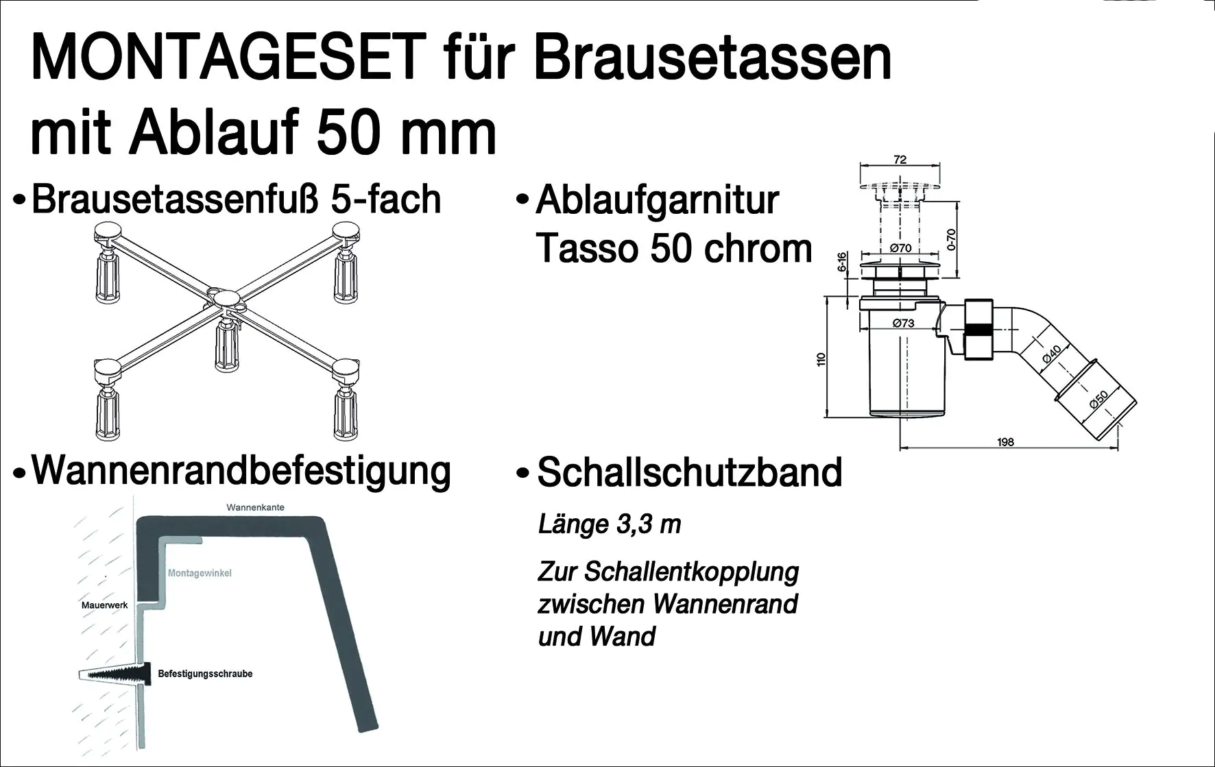 Ottofond Montage-Set für tiefe Duschwannen, Ablauf 50 mm