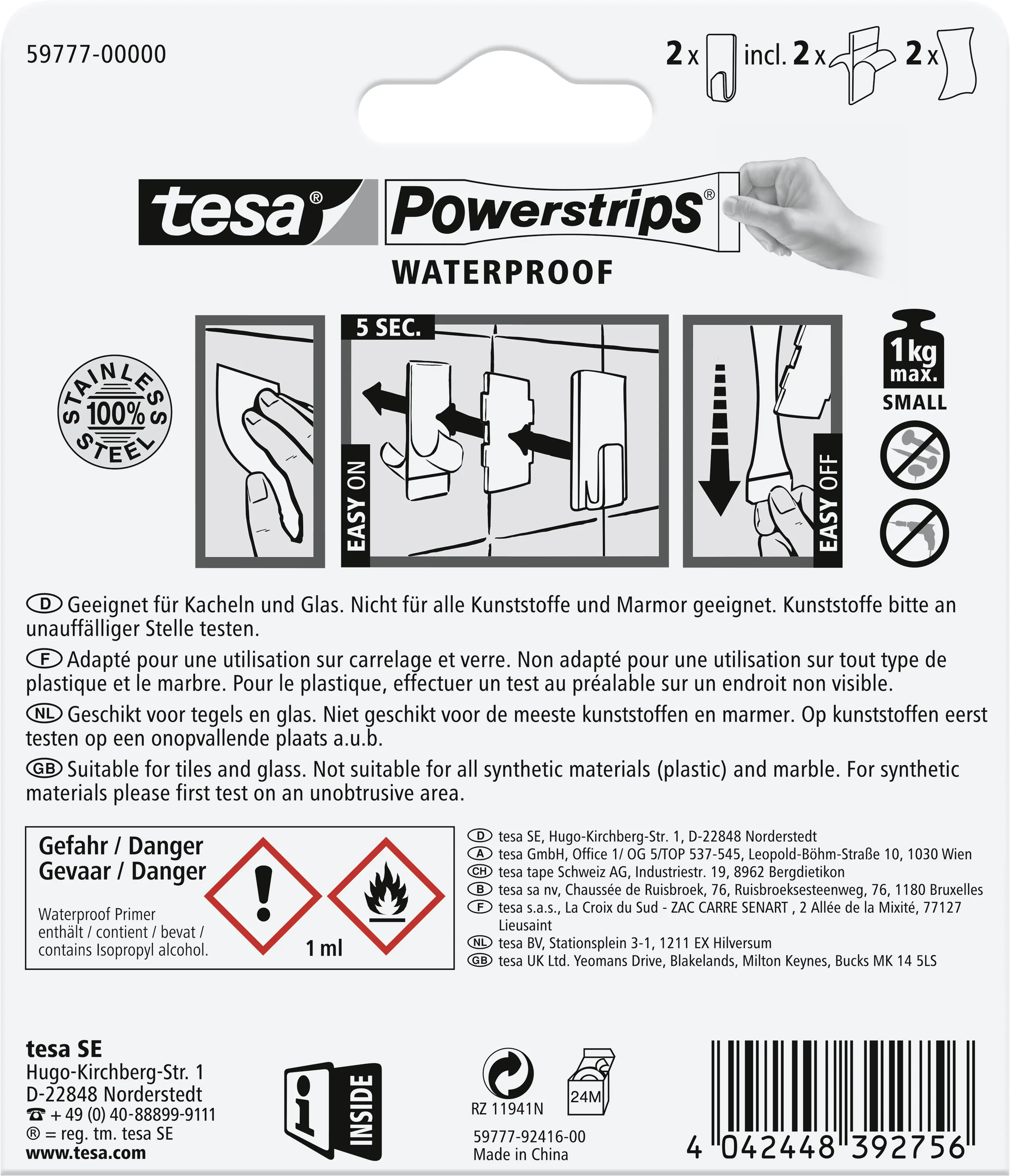 tesa Powerstrips Haken Small Waterproof rechteckig, Edelstahl