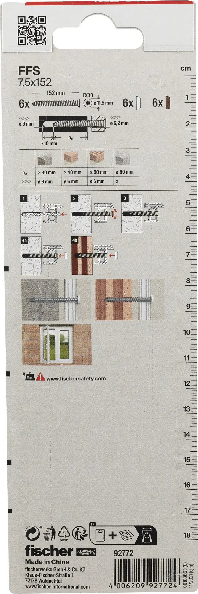 Fischer Fensterrahmenschrauben 7,5 x 152 mm TX30 - 6 Stk.