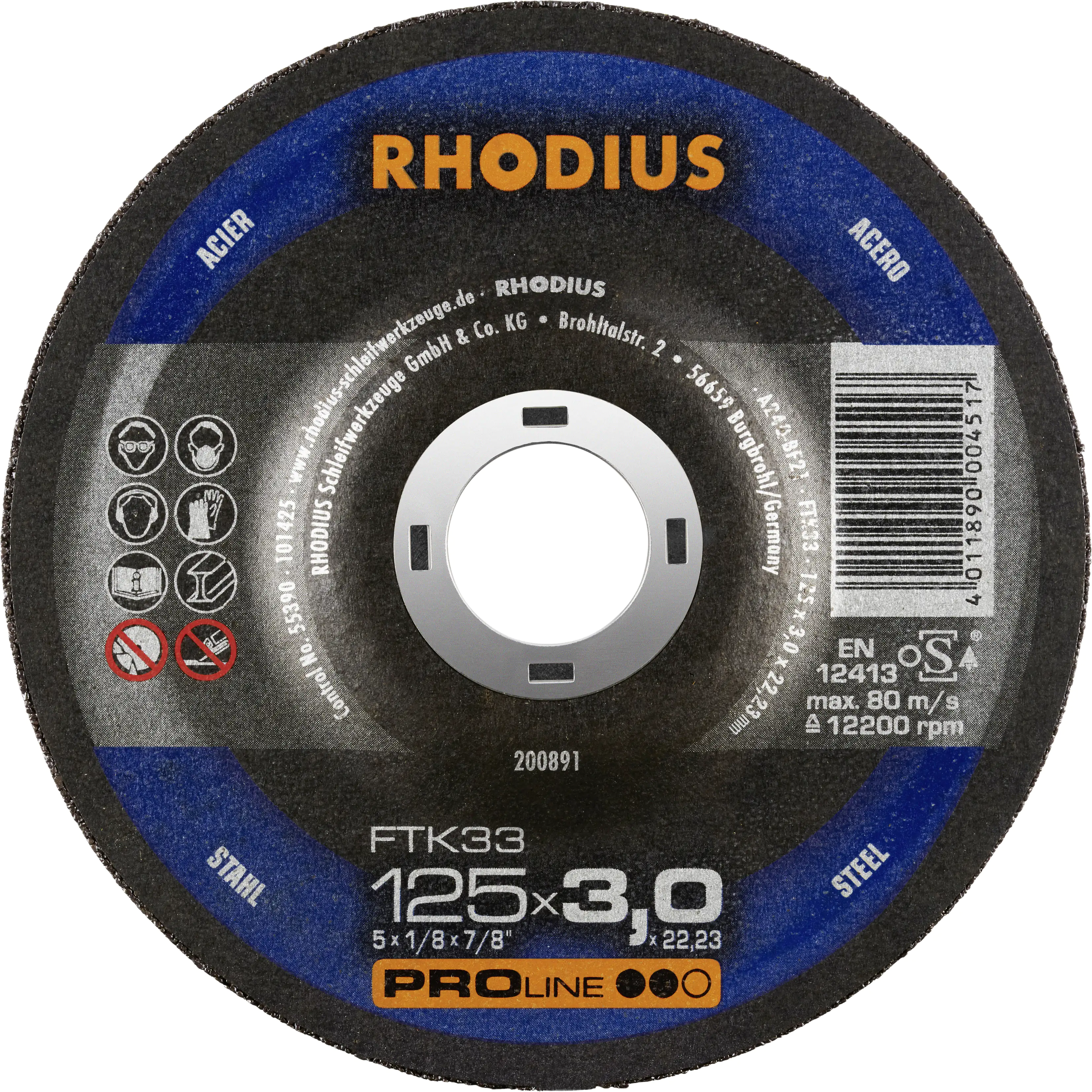 Rhodius Freihandtrennscheibe FTK33 Stahl Ø 125 mm Bohrung 22,23 mm Rhodius Freihandtrennscheibe FTK33 Stahl Ø 125 mm Bohrung 22,23 mm