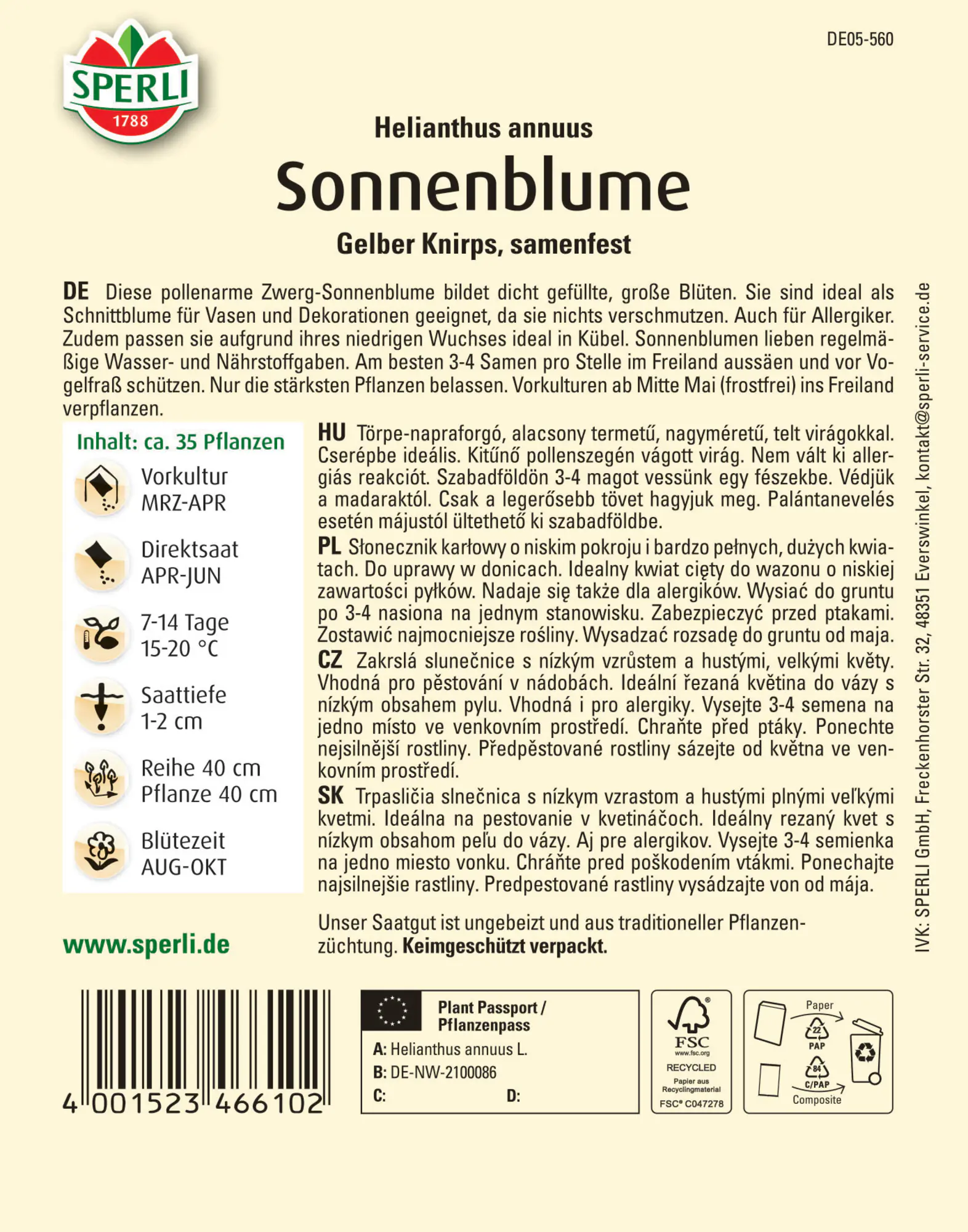 Sperli Sonnenblume Gelber Knirps F1