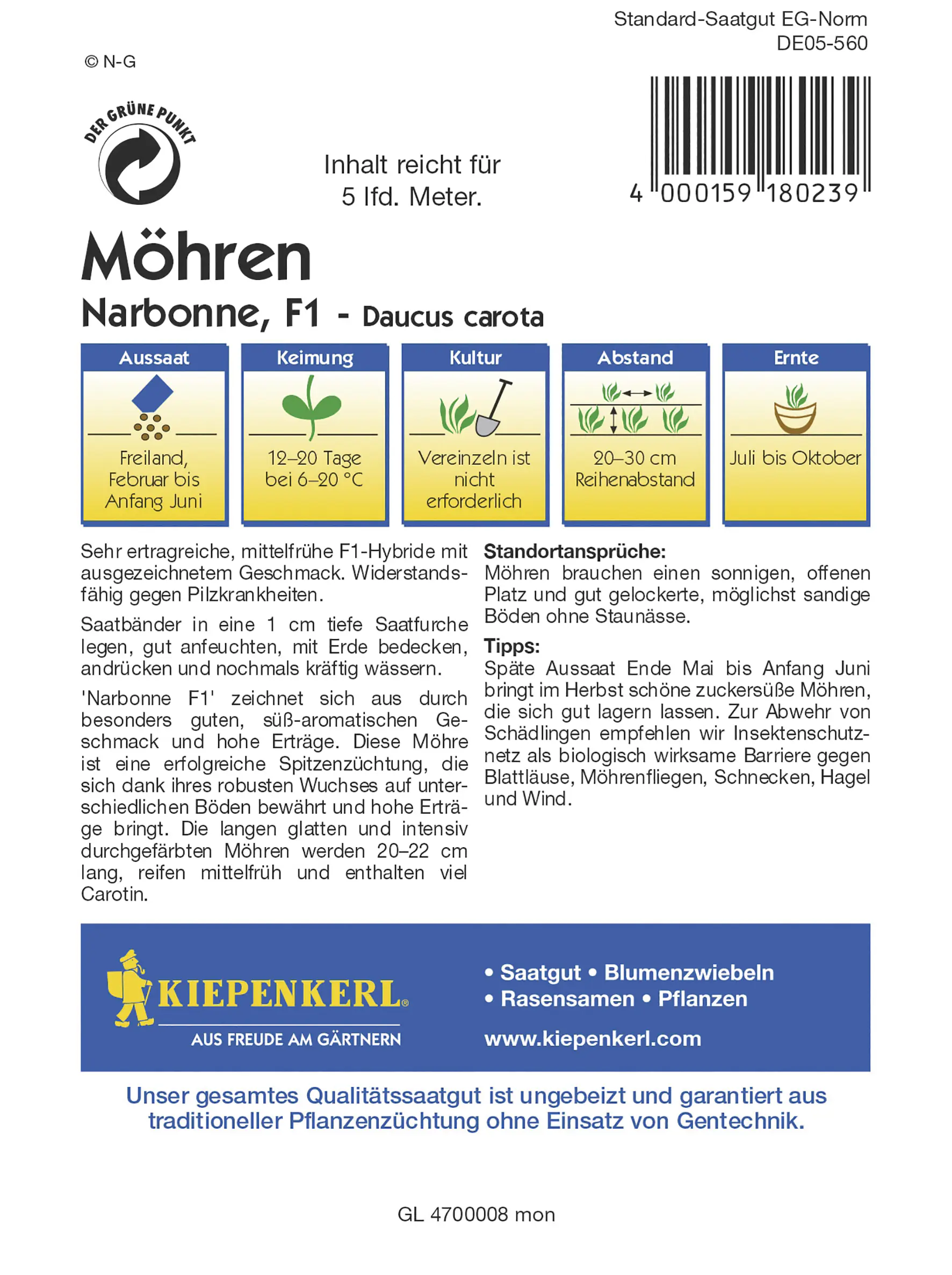 Kiepenkerl Möhre Narbonne F1 Saatband Inhalt reicht für 5 lfd. Meter