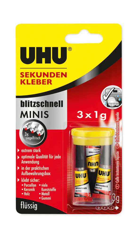 4026700454154_1 UHU Sekundenkleber blitzschnell Minis 3 g (3 x 1 g), flüssig, in der praktischen Box