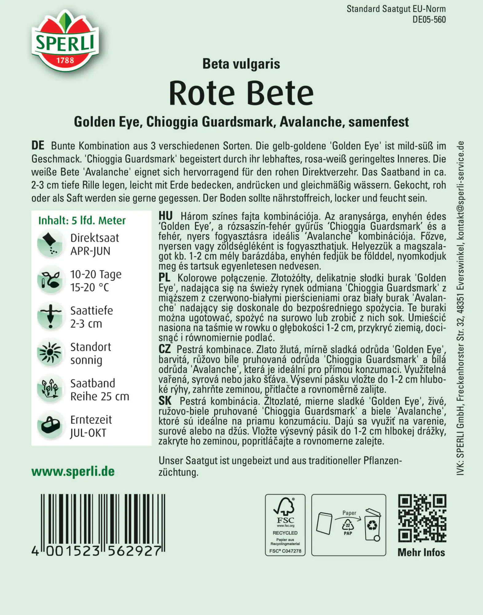 Sperli Rote Bete Golden Eye Chioggia Guardsmark Avalanche Saatband