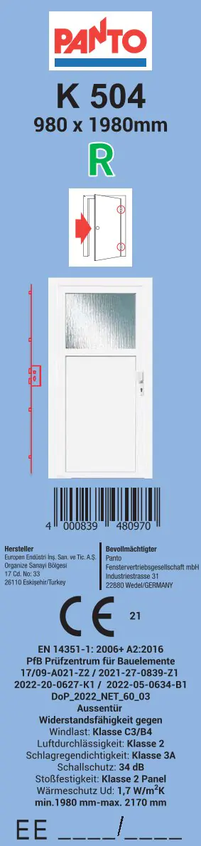 Panto Nebeneingangstür Kunststoff K504 98 x 198 cm DIN rechts weiß Panto Nebeneingangstür Kunststoff K504 98 x 198 cm DIN rechts weiß