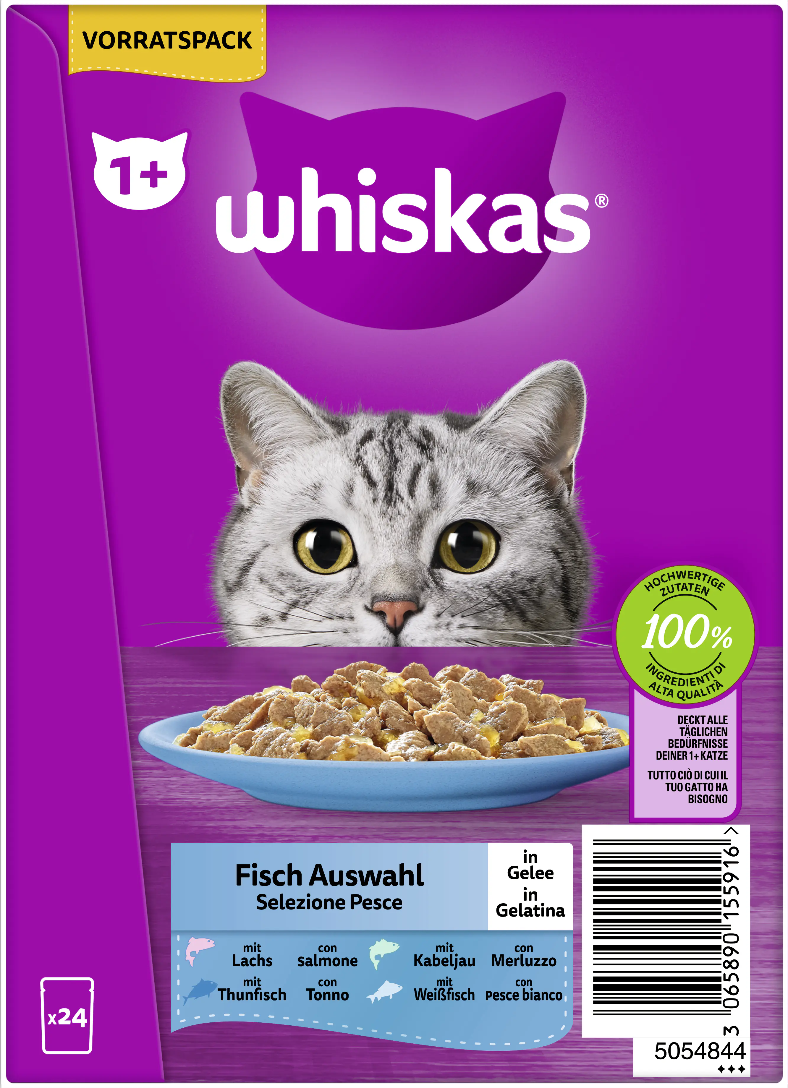 Whiskas Katzennassfutter Adult 24 x 85 g Fischauswahl in Gelee