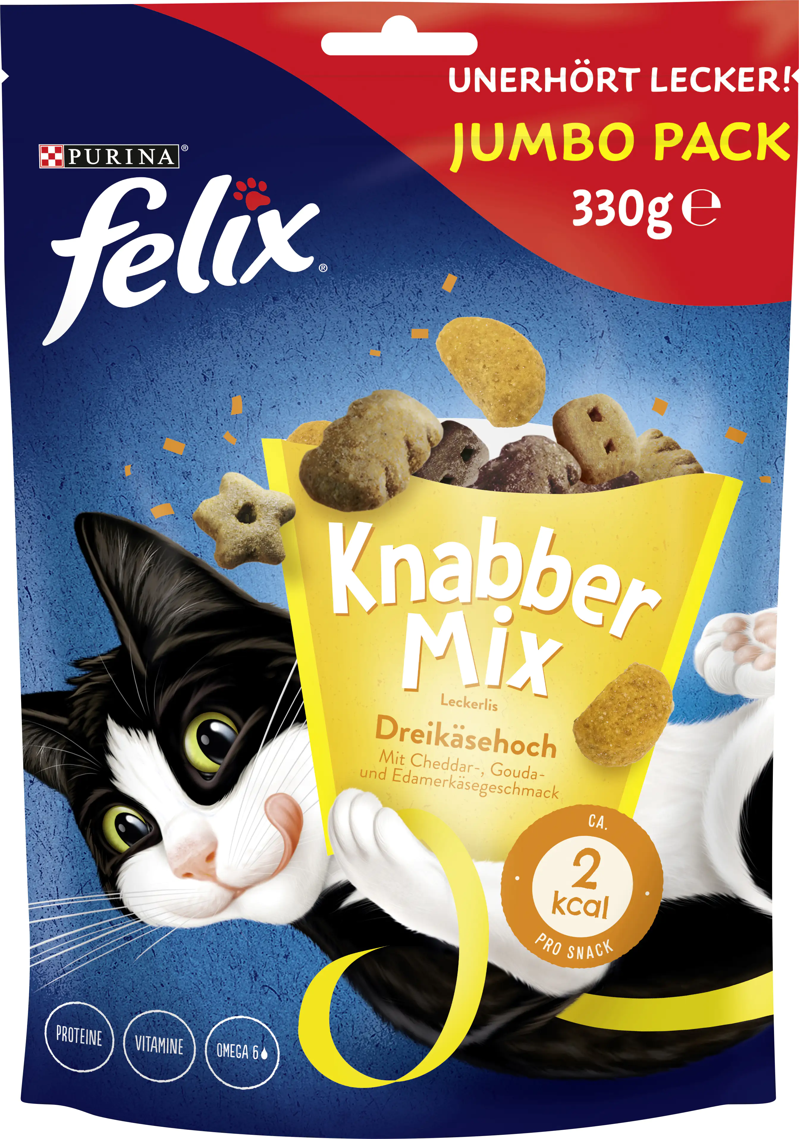 Felix KnabberMix Katzensnack Dreikäsehoch mit Cheddar, Gouda & Edamer 330 g Felix KnabberMix Katzensnack Dreikäsehoch mit Cheddar, Gouda & Edamer 330 g