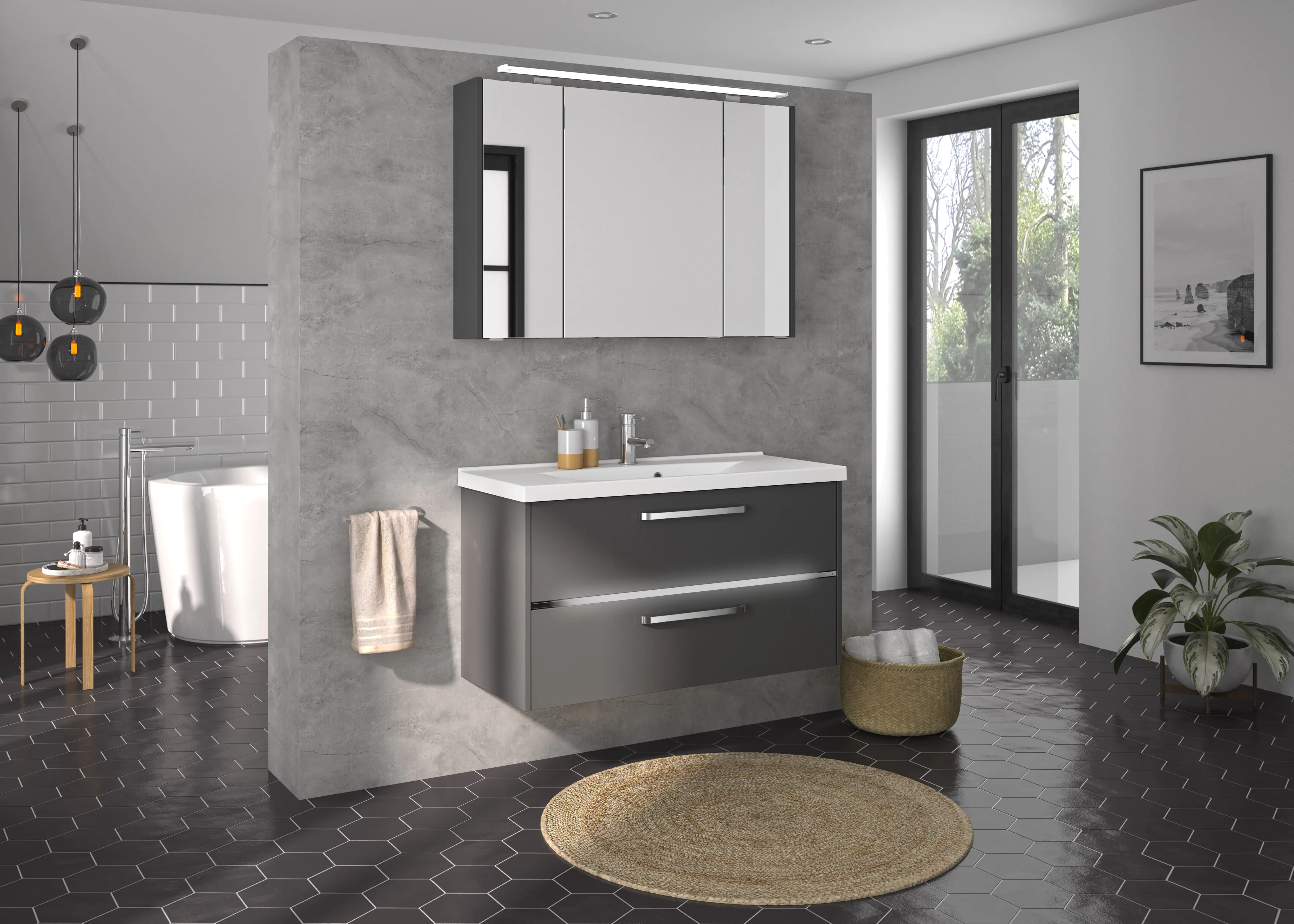 Primaster Badmöbel-Set Berlin grau 105 cm LED-Leuchten, Mineralgusswaschtisch