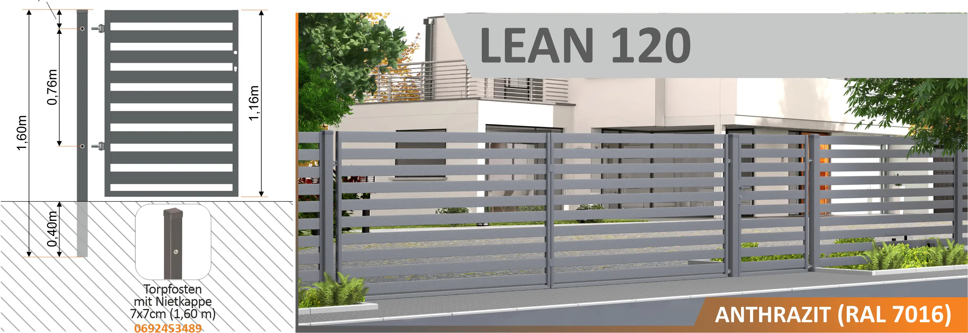 Polbram Doppeltor Lean 120 300 x 120 cm, RAL-Farbe 7016