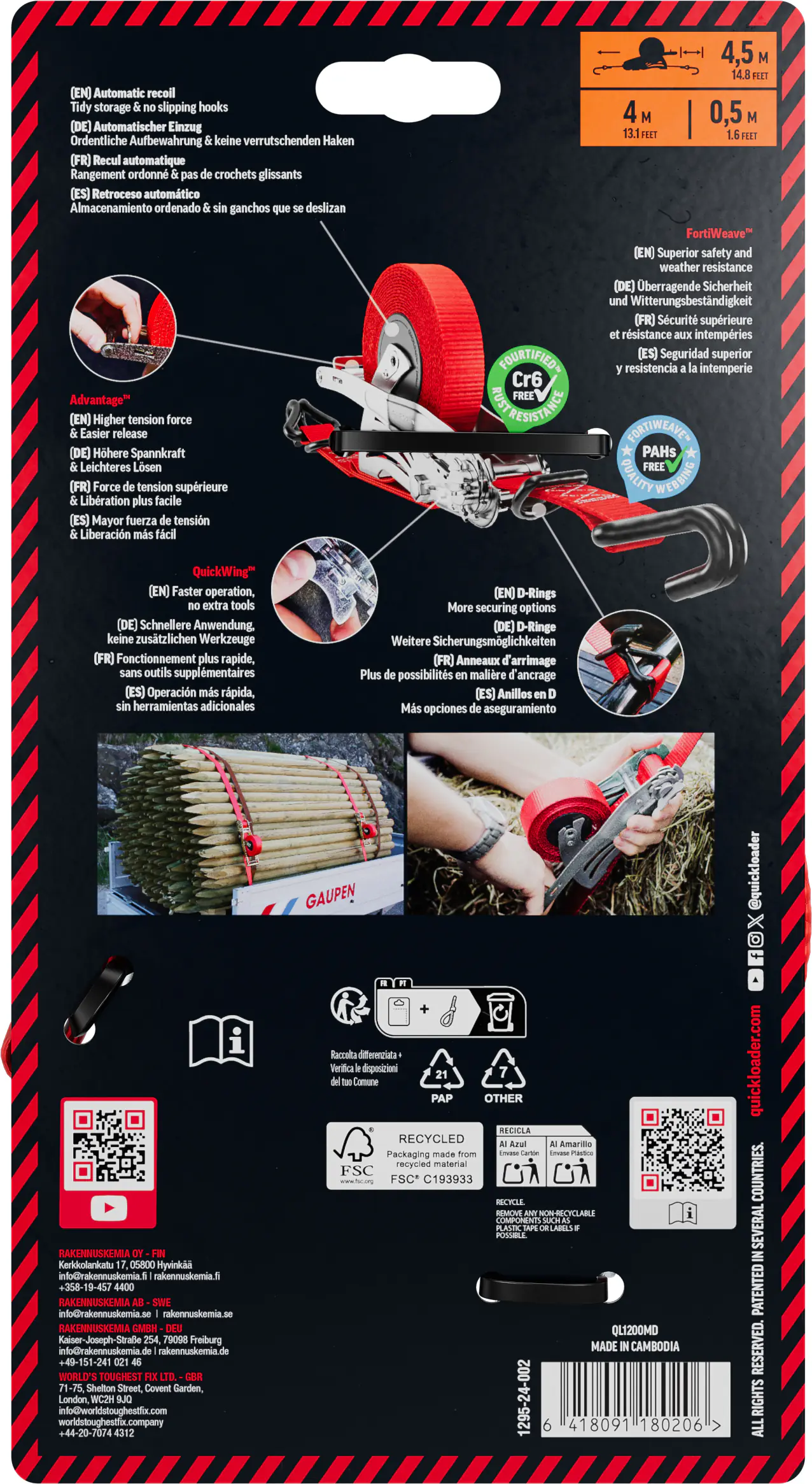 QUICKLOADER® Spanngurt Retractable 25 mm x 4,5 m 1 Stück rot