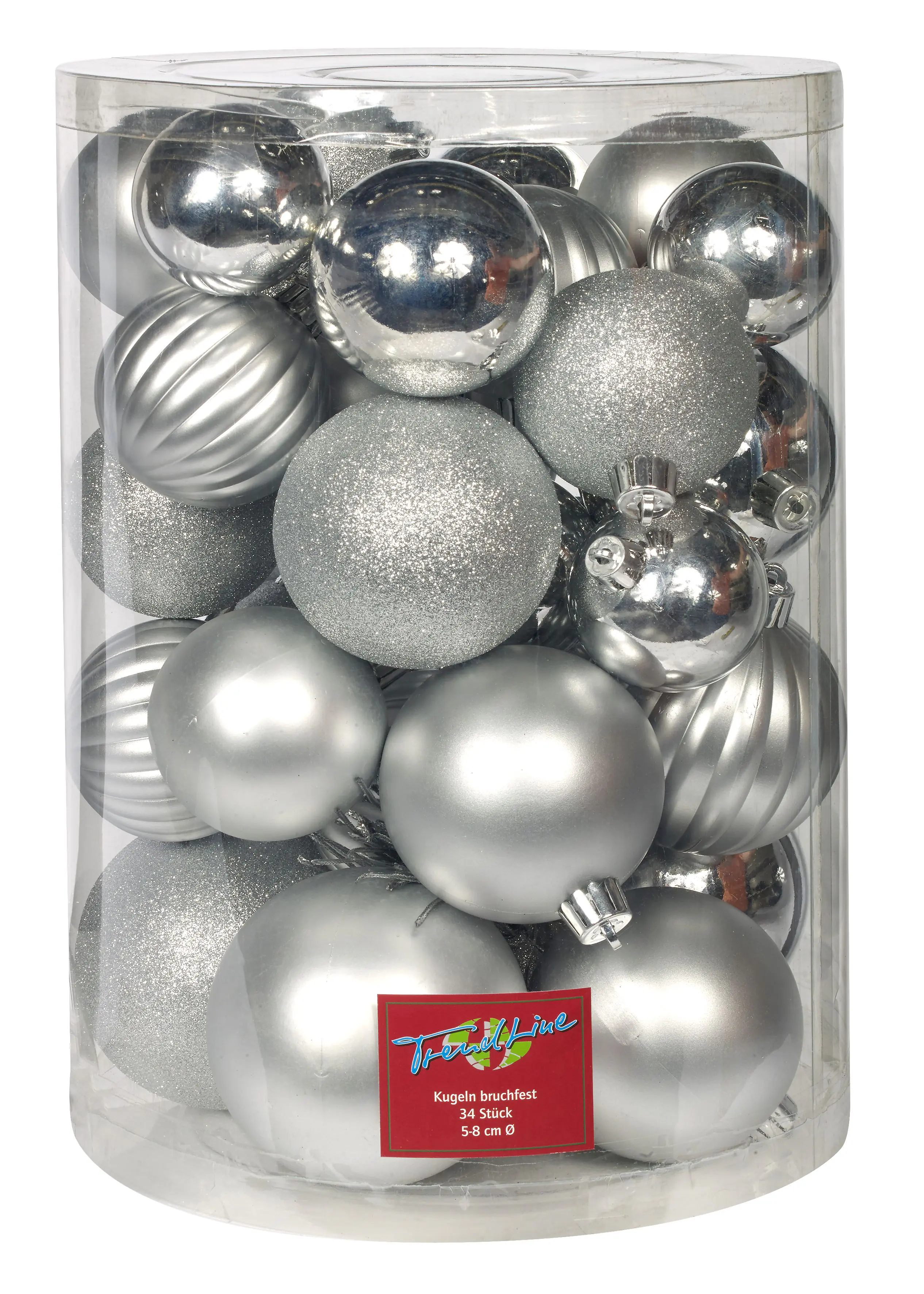 TrendLine Weihnachtskugeln bruchfest, langlebig Ø 5 - 8 cm silber 34 Stück