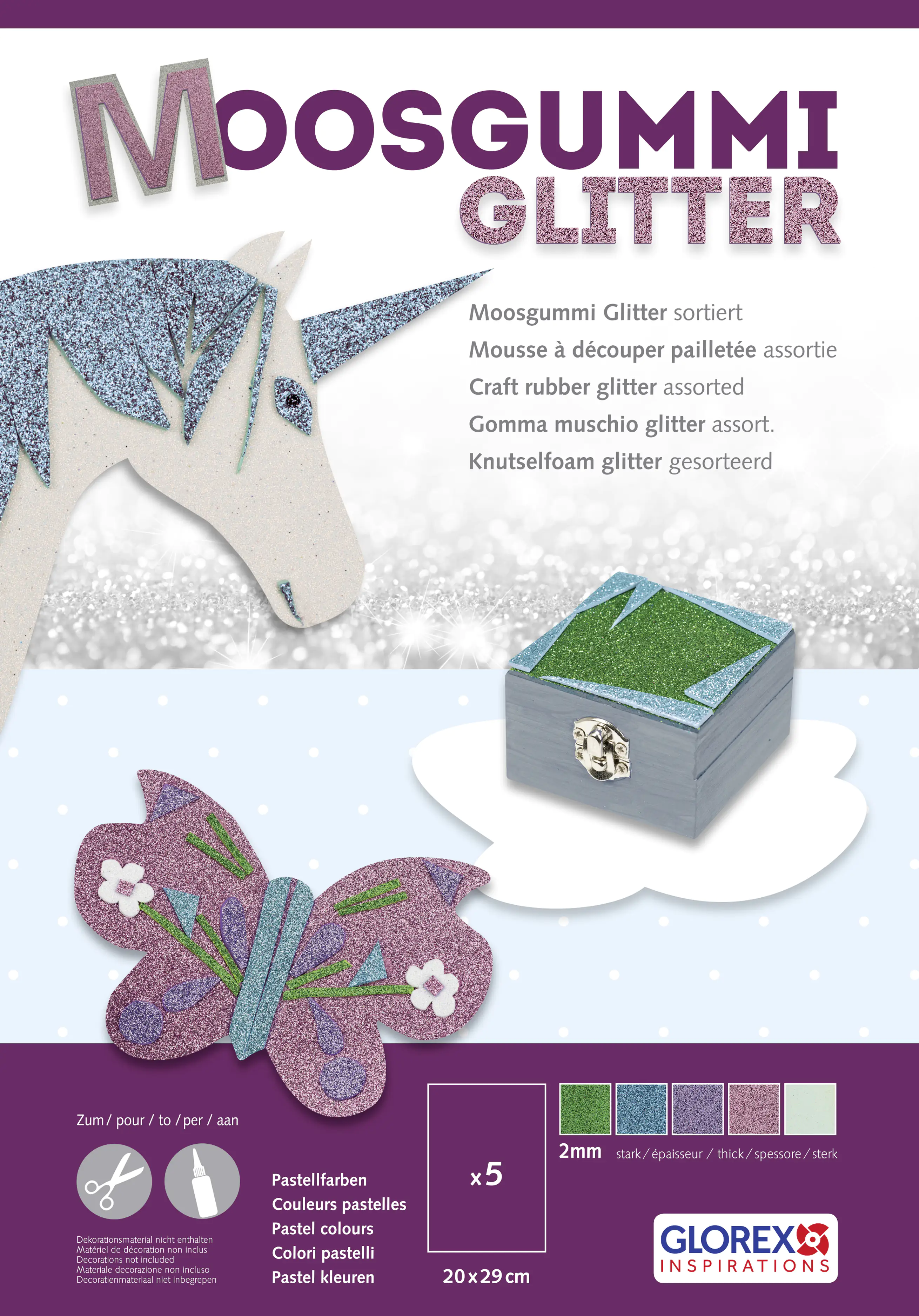 Glorex Moosgummi Glitter sortiert, 5 Stück