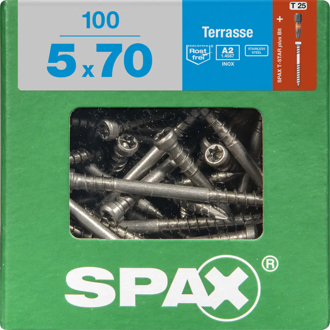 Spax Terrassenschrauben 5.0 x 70 mm TX 25 - 100 Stk. Spax Terrassenschrauben 5.0 x 70 mm TX 25 - 100 Stk.
