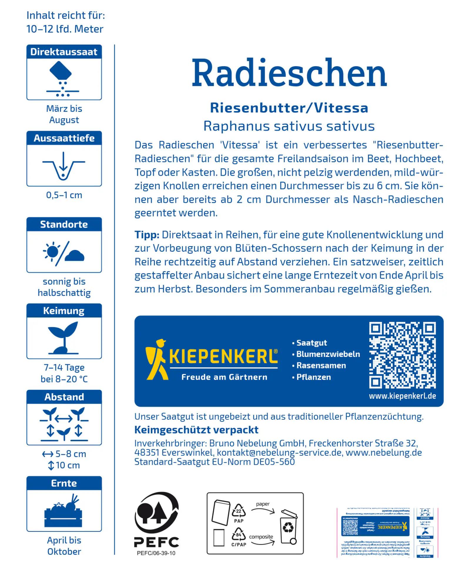 Kiepenkerl Saatgut Radieschen Riesenbutter/Vitessa für ca. 1 – 1,8 m²