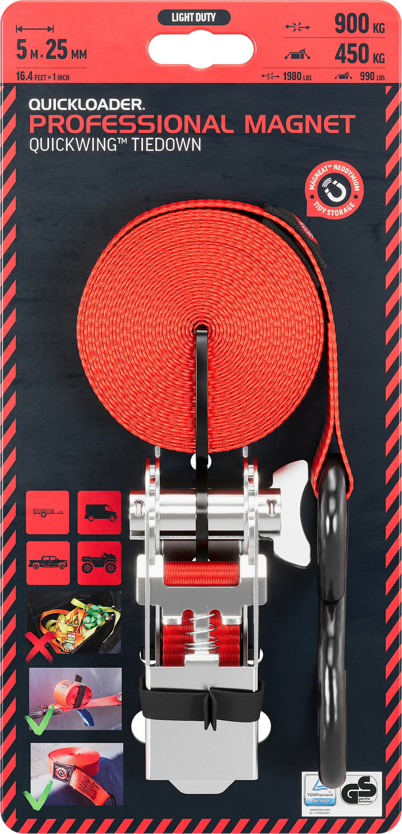 QUICKLOADER® Spanngurt Professionel mit Magnet 25 mm x 5 m 1 Stück rot 