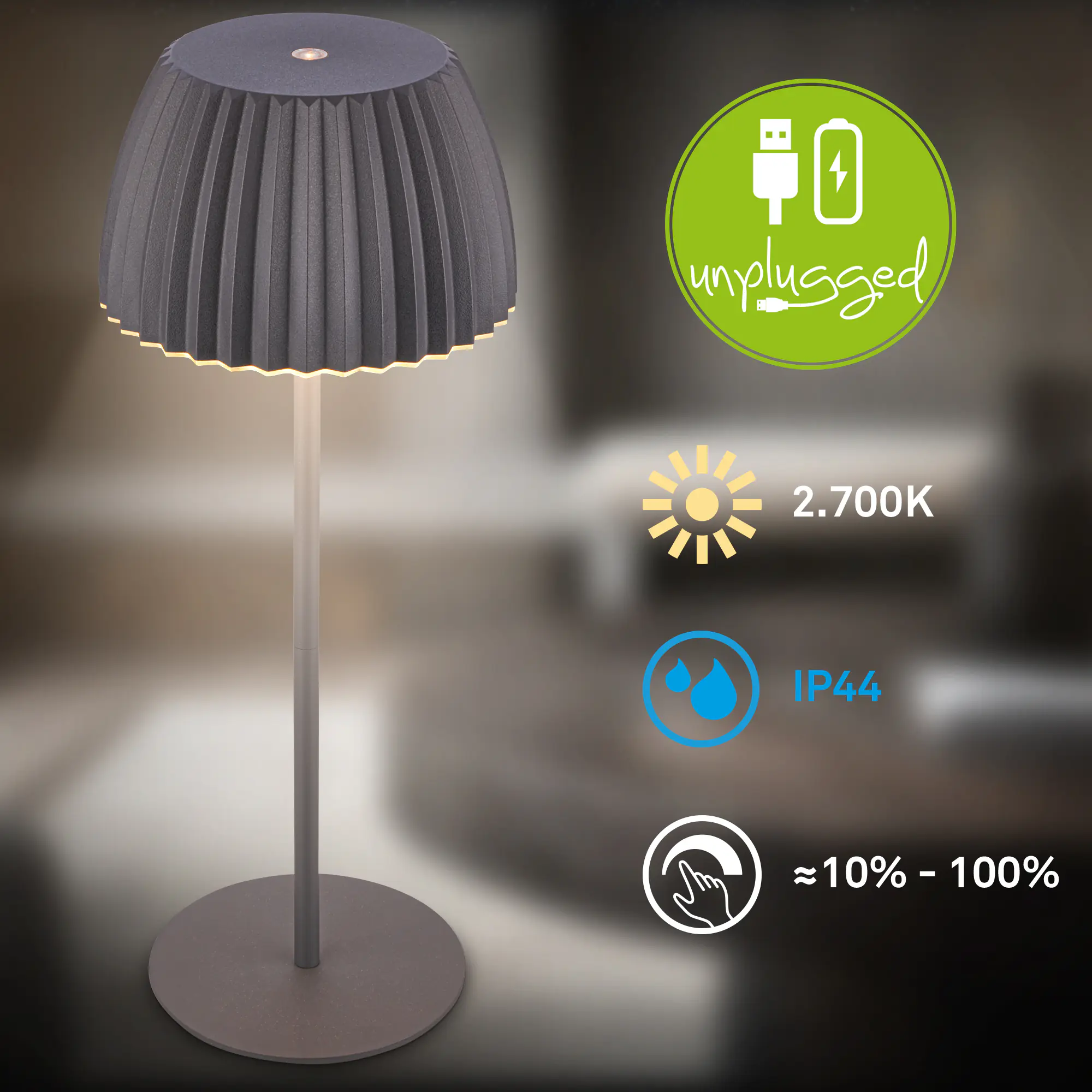 Briloner LED-Tischleuchte Riffle mit Akku anthrazit dimmbar