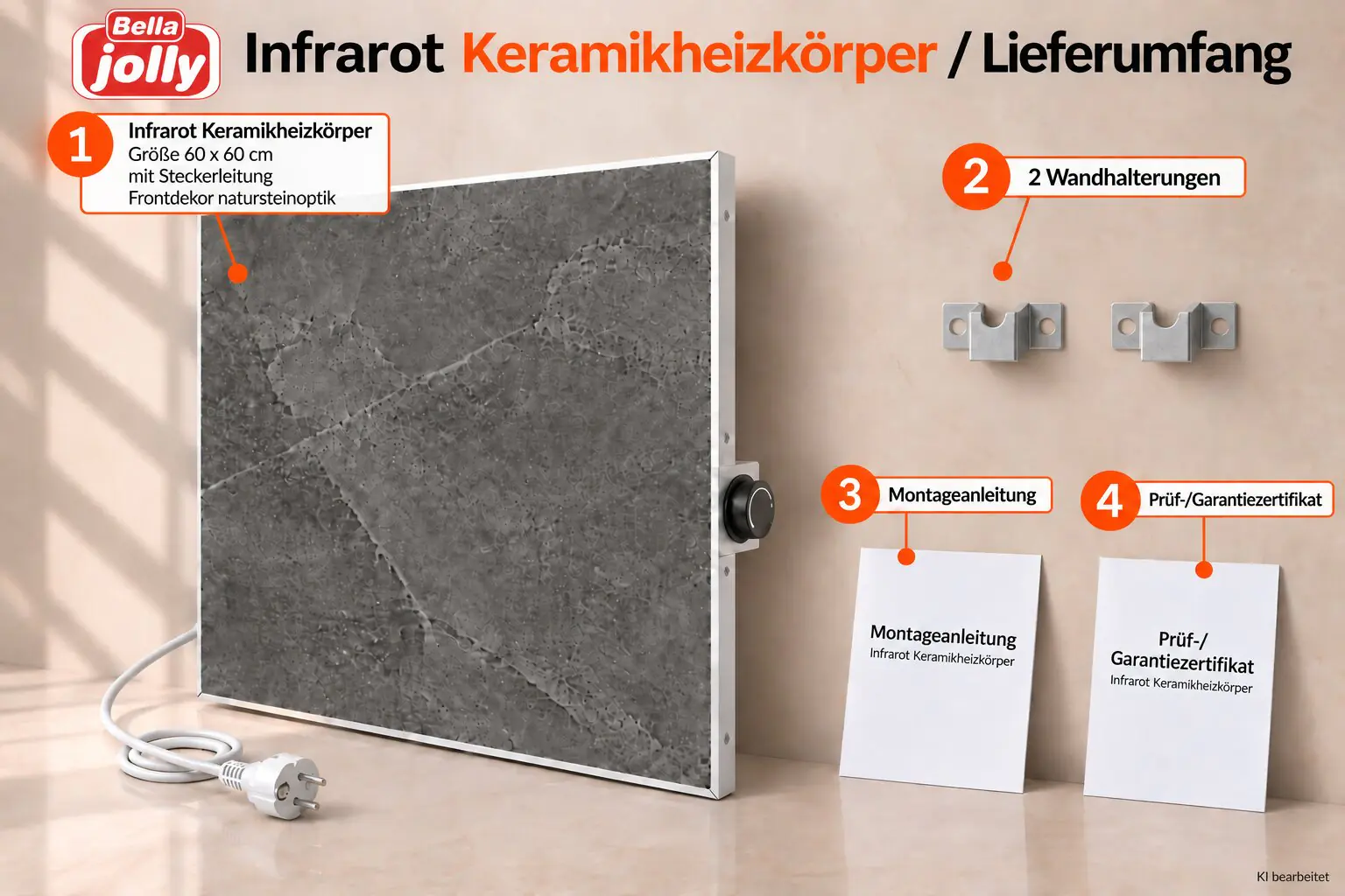 Bella Jolly Infrarot Keramikheizkörper 60 x 60 cm 440 Watt natursteinoptik