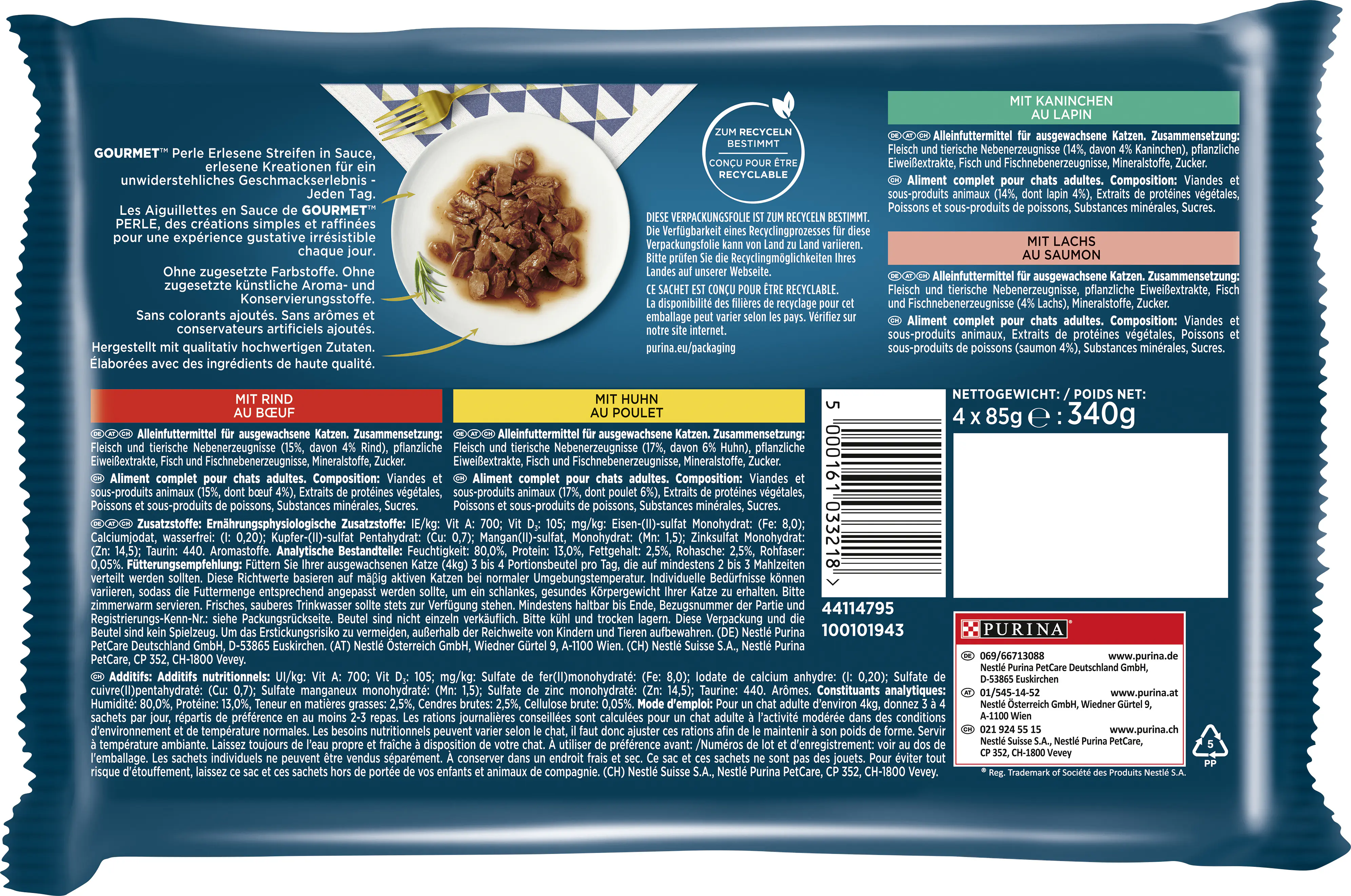 Gourmet Perle Erlesene Streifen mit Rind Kaninchen Lachs Huhn 4x 85g