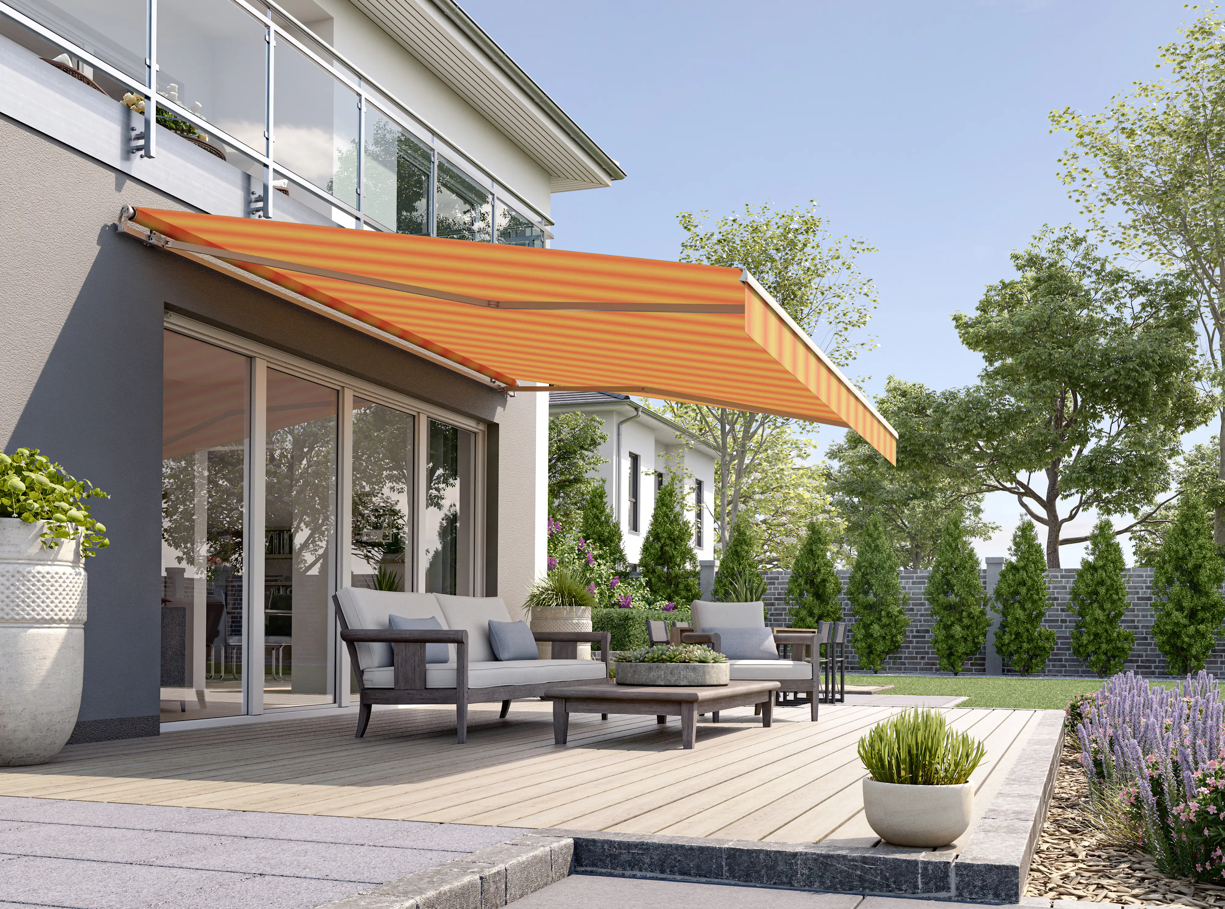 Gelenkarmmarkise Classic gelb-orange gestreift inkl. Motor, Handsender, Solar Panel Gelenkarmmarkise Classic gelb-orange gestreift inkl. Motor, Handsender, Solar Panel