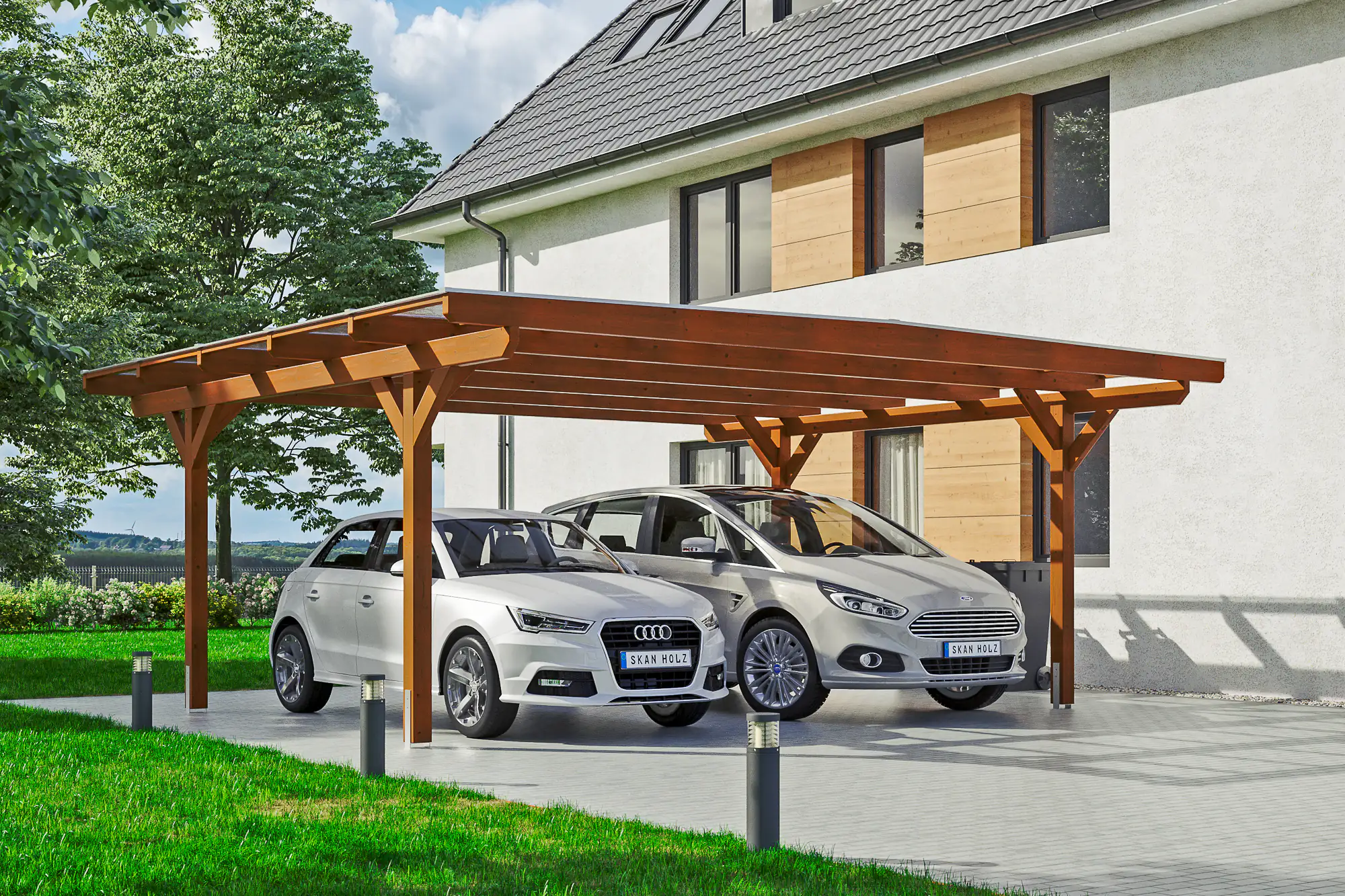 SKAN HOLZ Carport Odenwald 640 x 541 cm, lasiert in Nussbaum