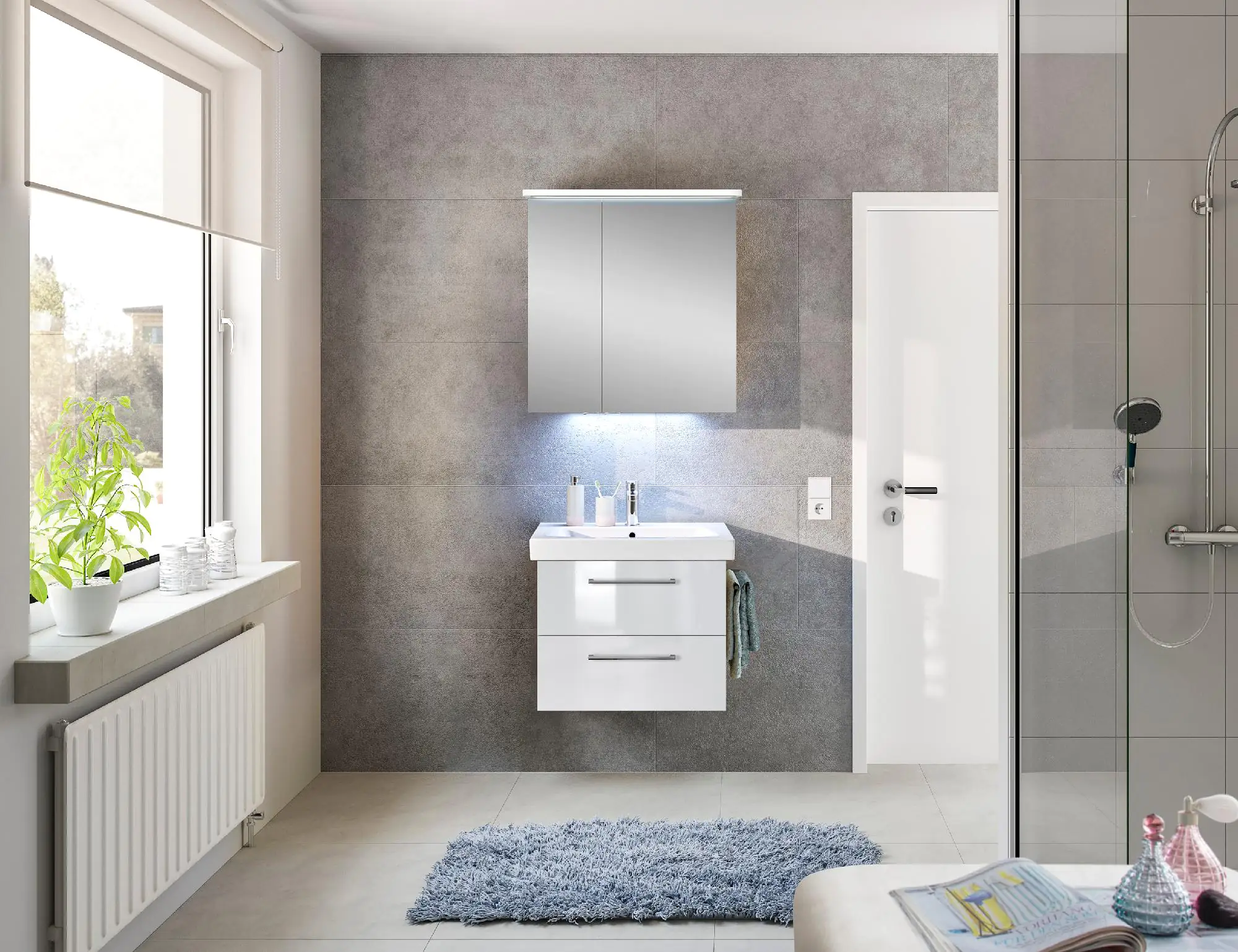 Pelipal Badmöbel-Set Pineo Weiß Hgl/Weiß Glanz mit Keramik-Waschtisch + Kranz-Leuchte 70 cm