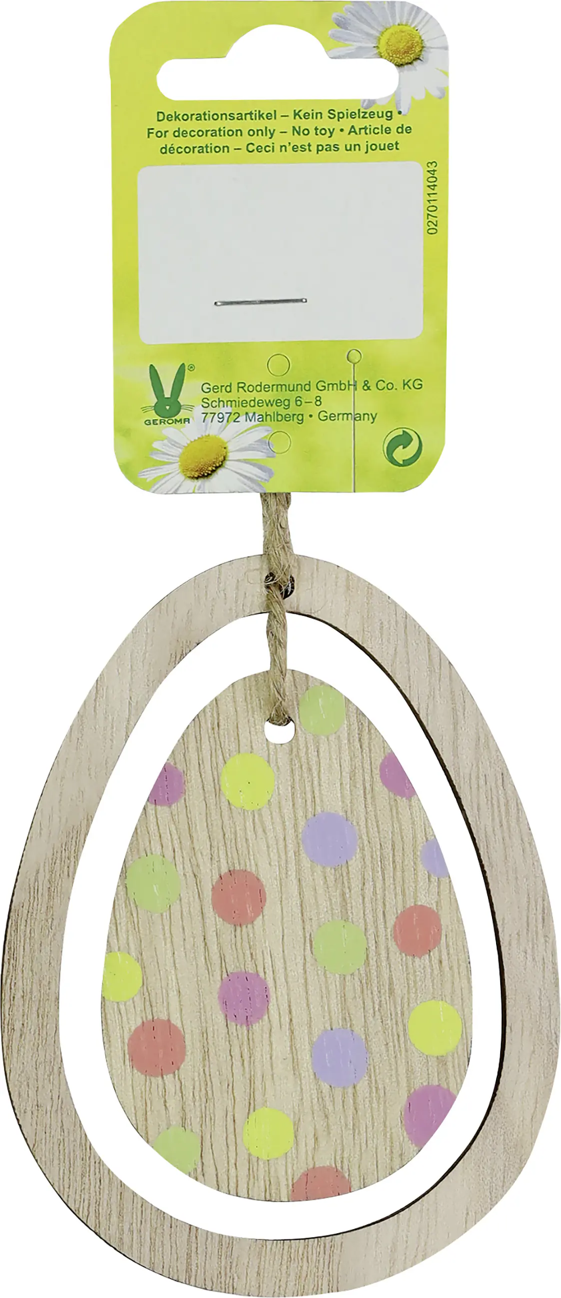 Dekohänger Osterei Holz 9,5 x 7,2 cm natur bunt gepunktet