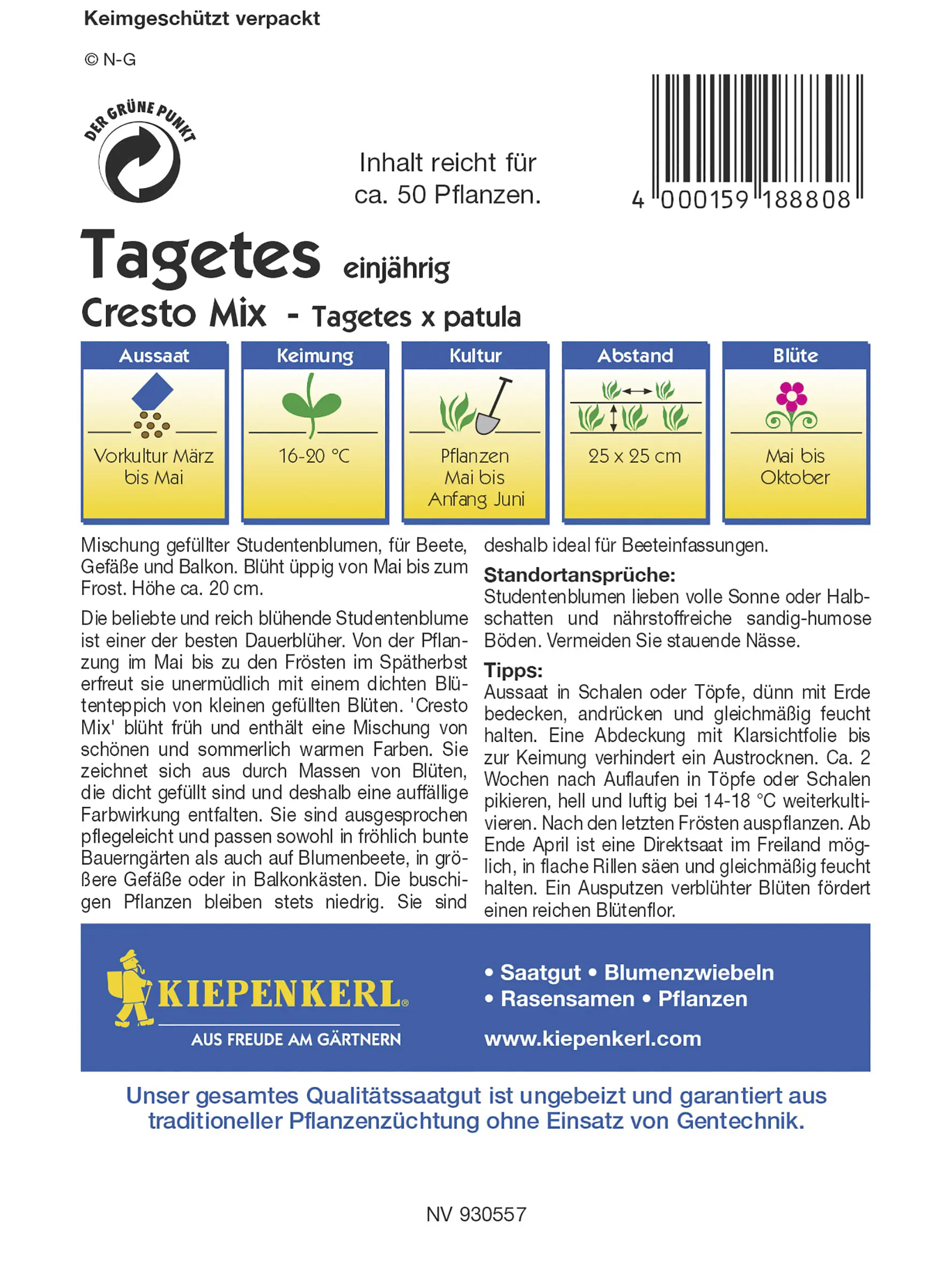 Kiepenkerl Studentenblume Cresto Mix Inhalt reicht für ca. 50 Pflanzen
