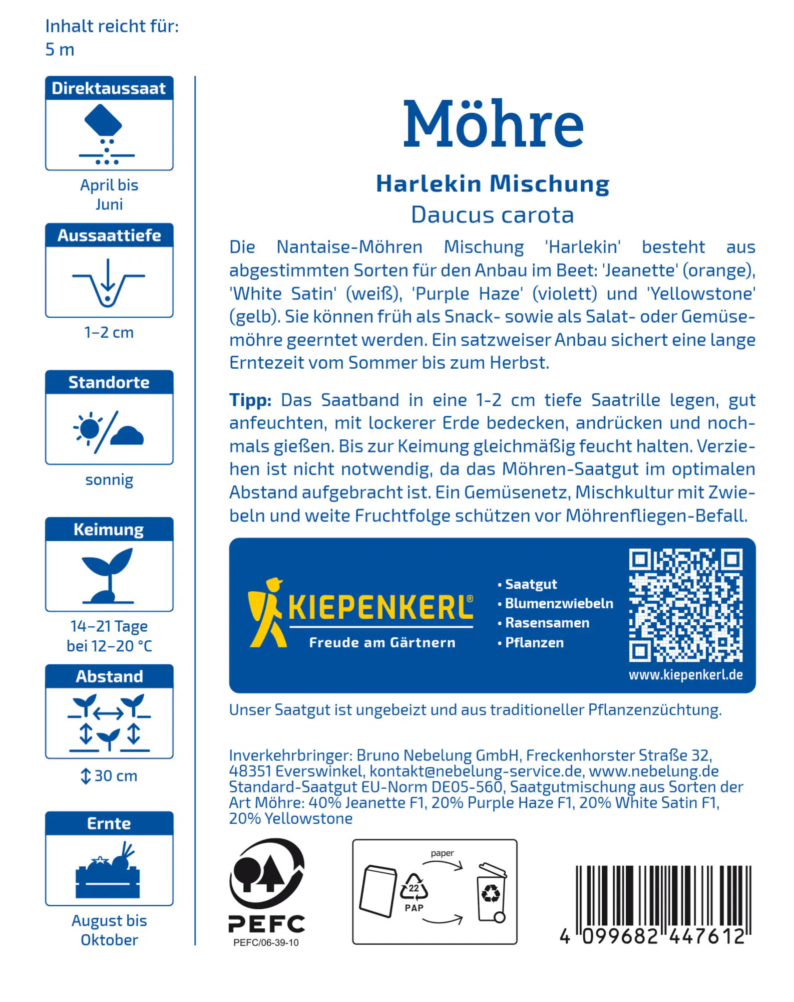 Kiepenkerl Saatgut Möhren Harlekin Mischung F1 Saatband für ca. 1,25 – 1,5 m²