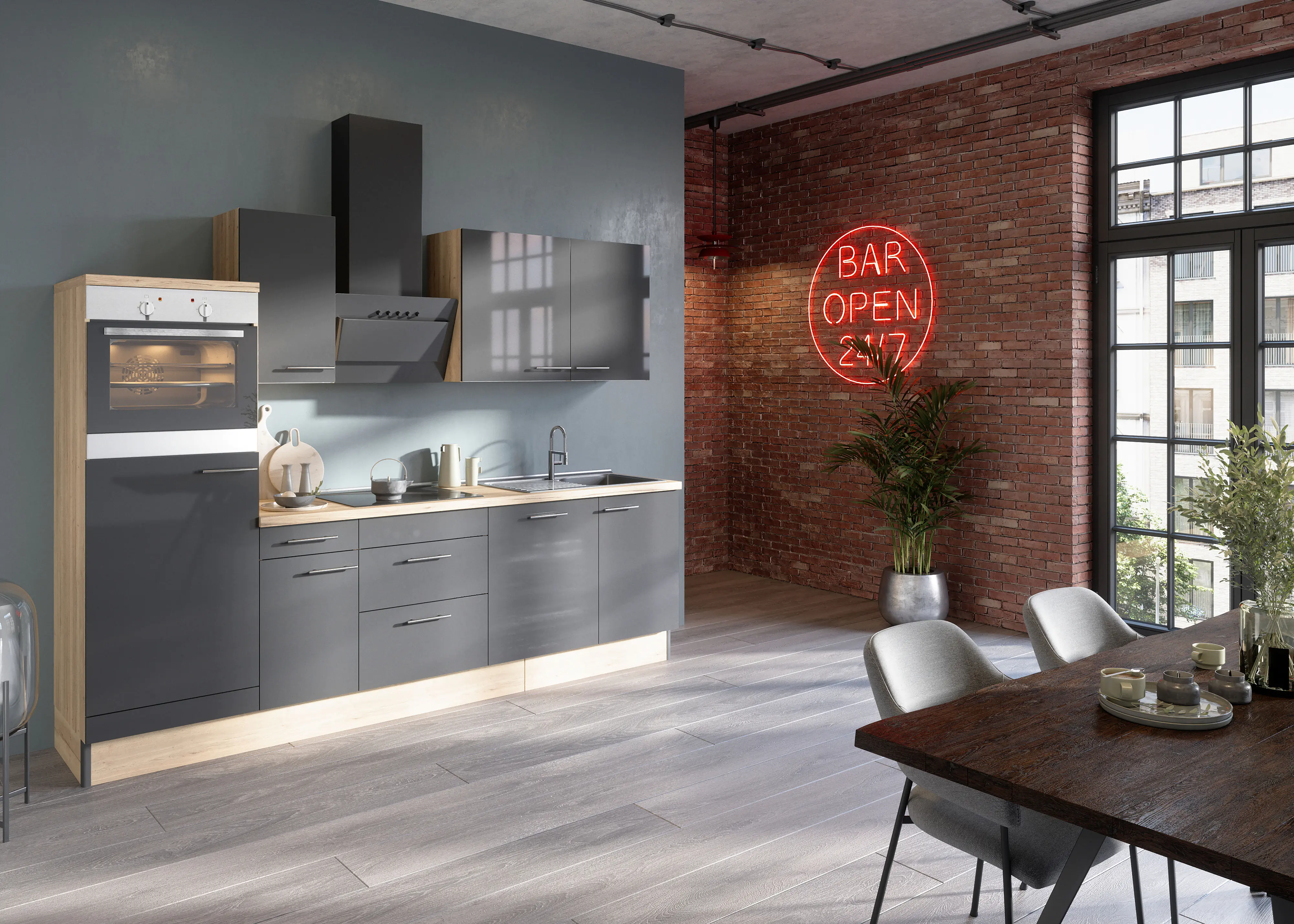 Optifit JonteKüchenzeile mit E-Geräte hochglanz anthrazit 270 cm