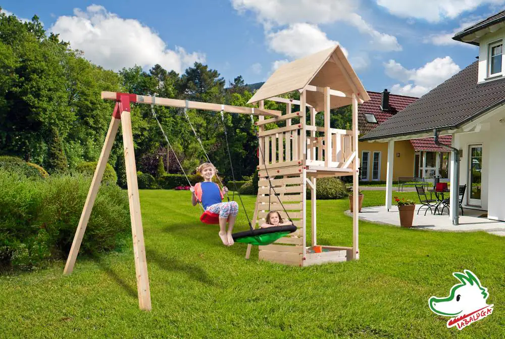 Weka Spielturm Tabaluga 405 x 290 x 331 cm mit Schaukel, Sandkasten, Schaukelnetz