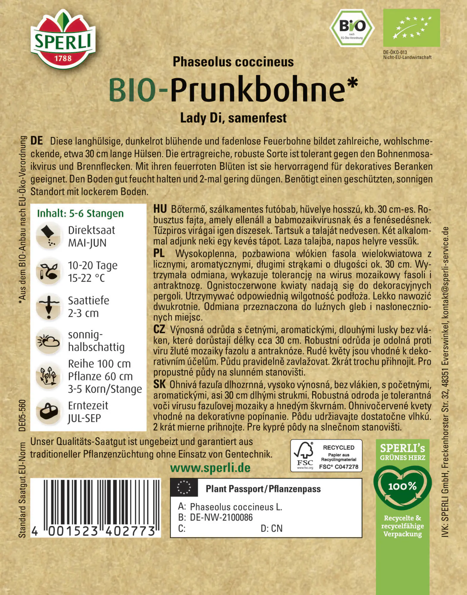 Sperli Saatgut BIO Prunkbohnen für ca. 5-6 Stangen