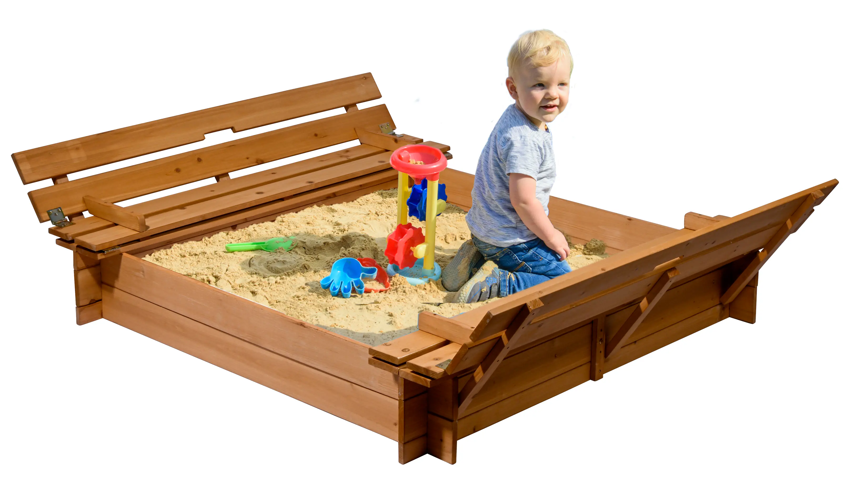 Dobar Sandkasten mit Sitzbänken und Deckel eckig 112 x 112 cm