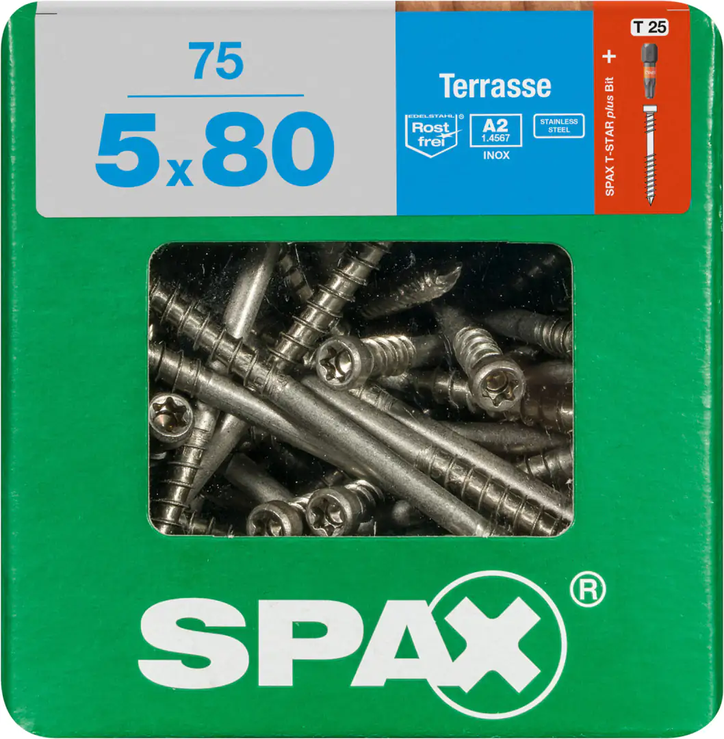 Spax Terrassenschrauben 5.0 x 80 mm TX 25 - 75 Stk. Spax Terrassenschrauben 5.0 x 80 mm TX 25 - 75 Stk.