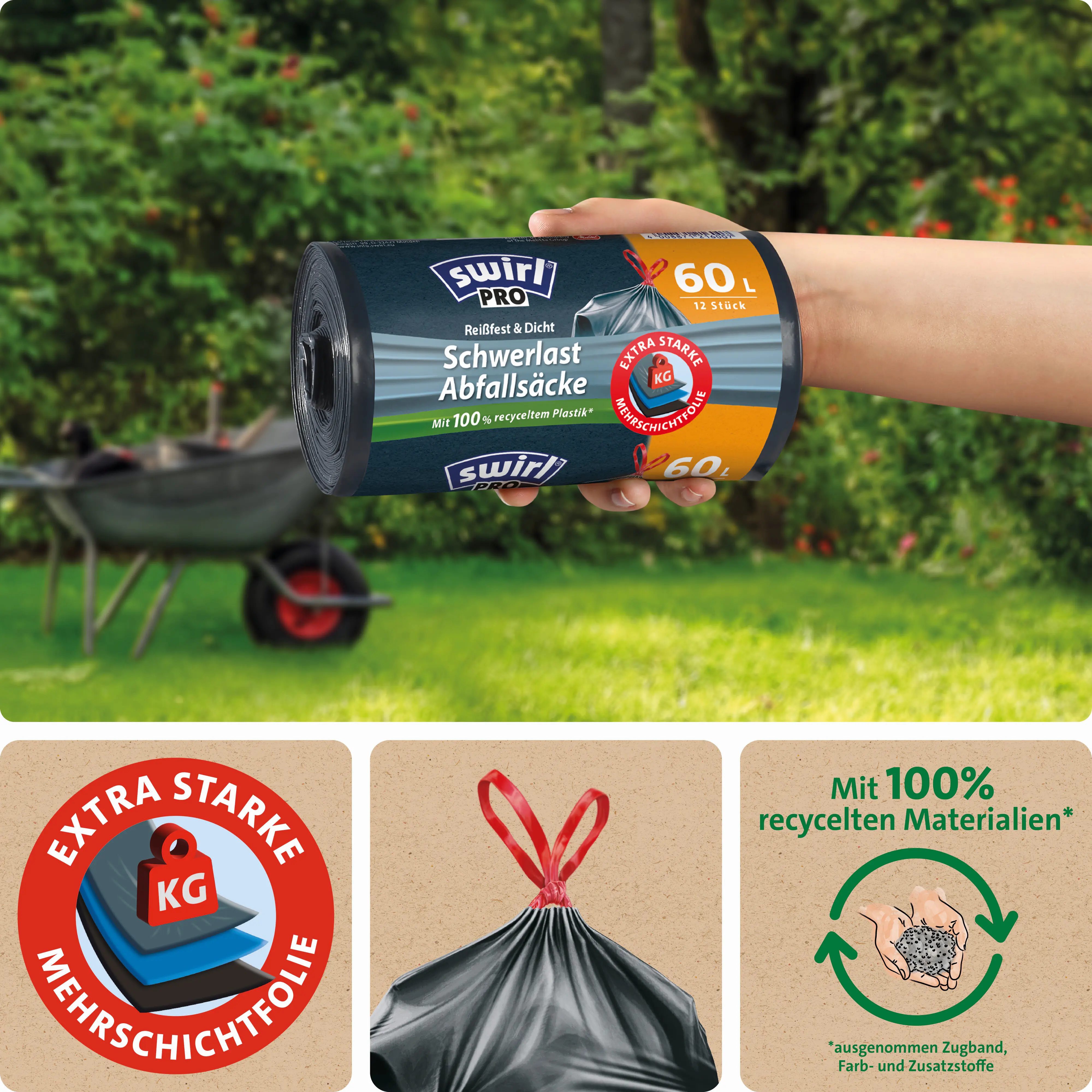 Swirl® 60 l Schwerlast-Säcke Profi mit Zugband Reißfest & Dicht