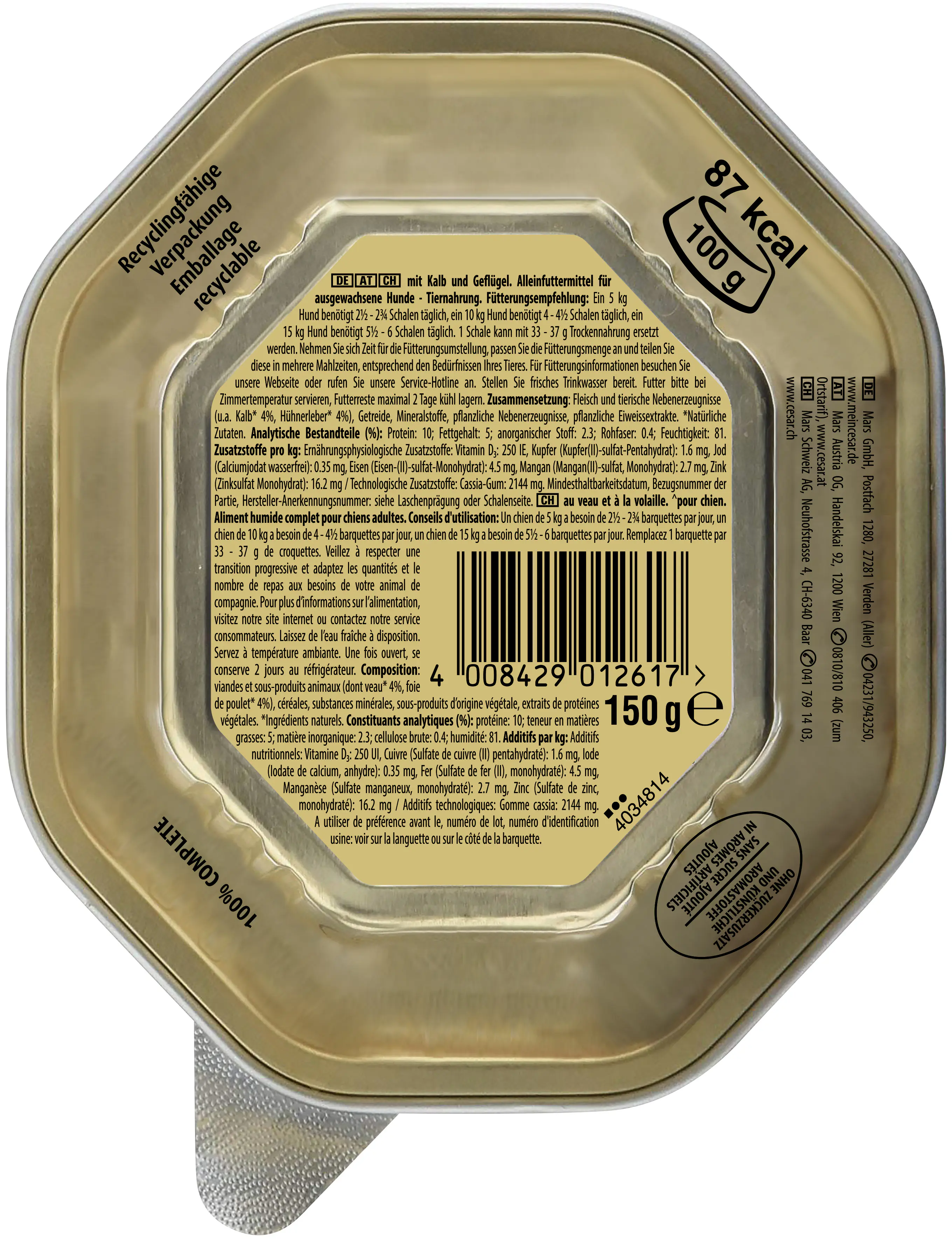 Cesar Hundenassfutter Klassik-Terrine Adult 150 g Kalb & Geflügel