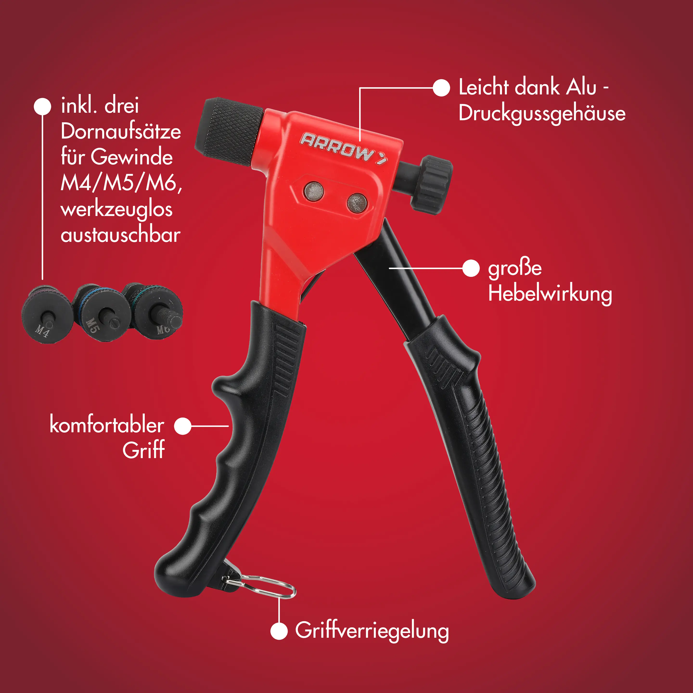 Arrow Blindnietmutterzange RNT1 inkl. 3 Dornaufsätze für M4, M5 & M6 Gewinde