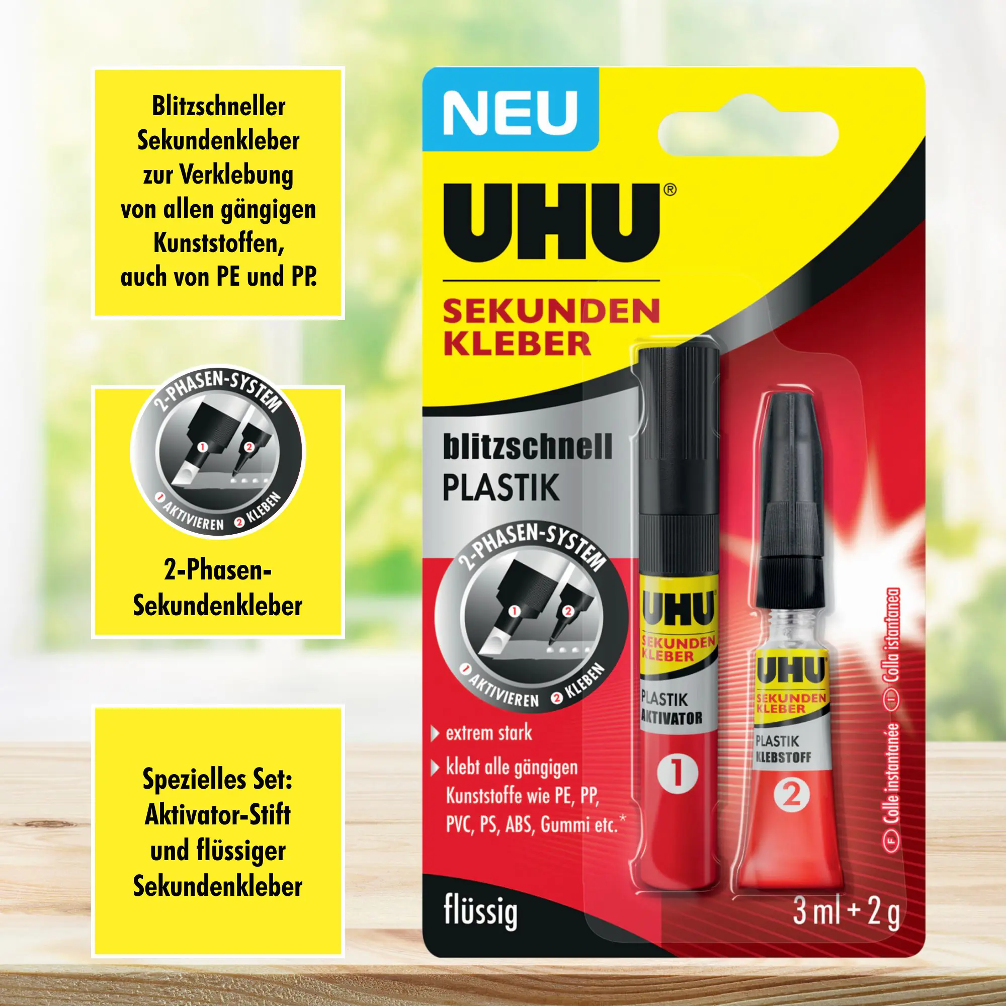 UHU Sekundenkleber Plastik Tube 2 g + Aktivator 3 ml