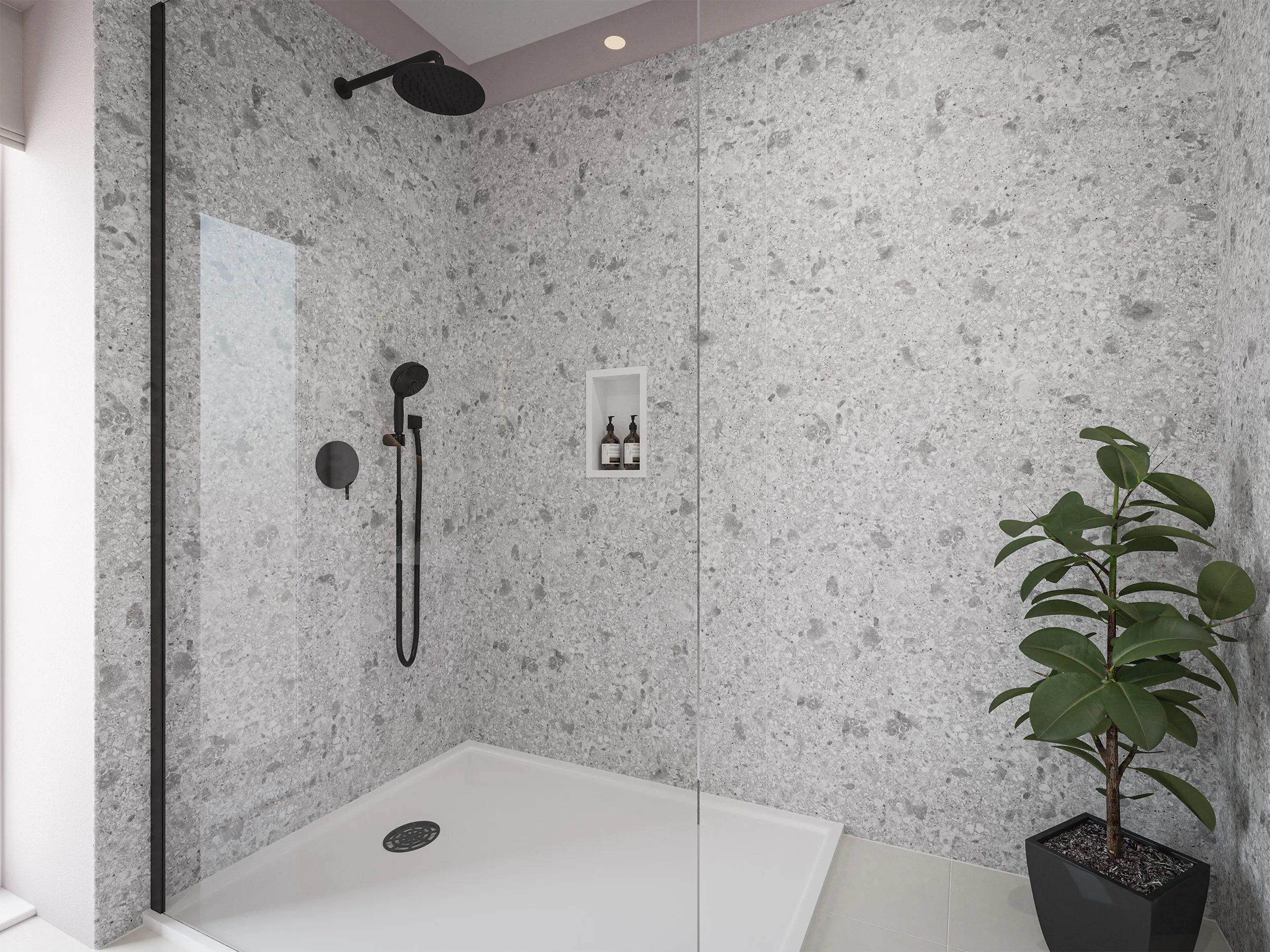Wetwall Elite Wandpaneel  Terrazzo White 120 x 242 cm mit abgerundeter Abschlusskante